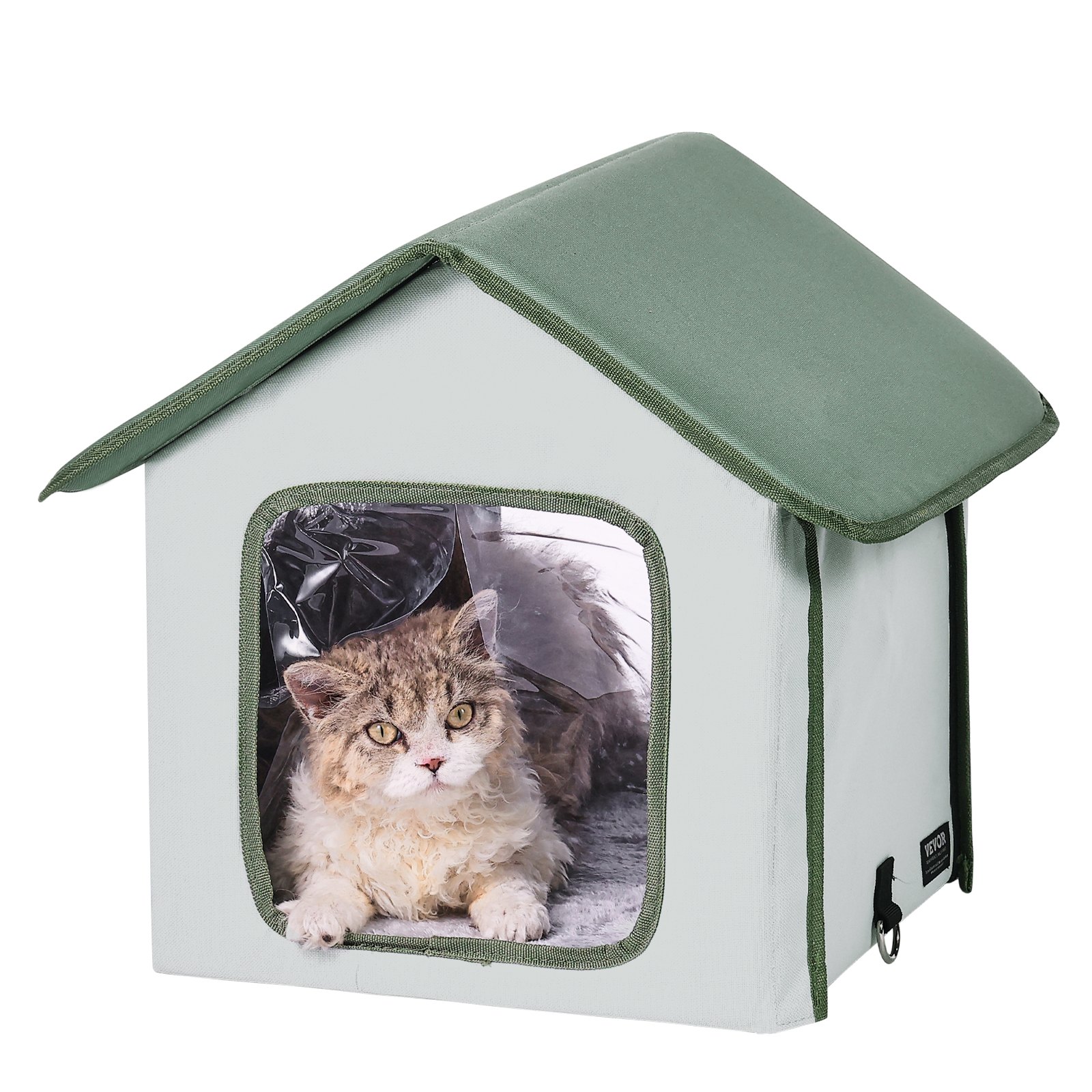 VEVOR Casa para Gatos con Calefacción de 35 x 34 x 40 cm, Refugio para Gatos Plegable Al Aire Libre de Tela Oxford 600D con Almohadilla Térmica, Temperatura Ajustable y Temporizador, Verde (Pequeño)