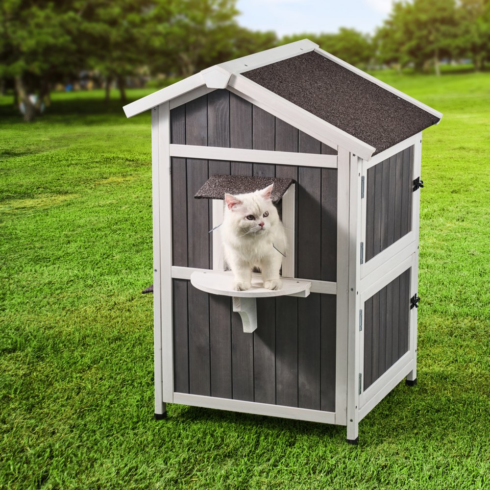 VEVOR Casa para gatos de exterior resistente a la intemperie, refugio para gatos salvajes para varios gatos, casa grande de madera para gatos de 2 pisos para exteriores con puertas, solapas de puerta de PVC, una ventana transparente, 23" de largo x 26" de ancho x 36" de alto