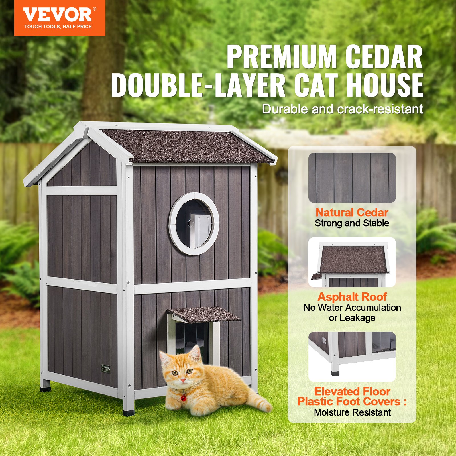 VEVOR Casa para gatos de exterior resistente a la intemperie, refugio para gatos salvajes para varios gatos, casa grande de madera para gatos de 2 pisos para exteriores con puertas, solapas de puerta de PVC, una ventana transparente, 23" de largo x 26" de ancho x 36" de alto