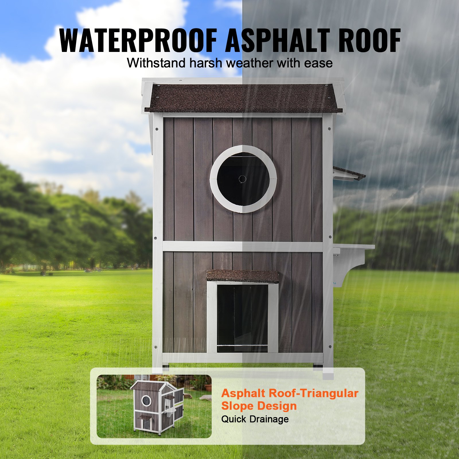 VEVOR Casa para gatos de exterior resistente a la intemperie, refugio para gatos salvajes para varios gatos, casa grande de madera para gatos de 2 pisos para exteriores con puertas, solapas de puerta de PVC, una ventana transparente, 23" de largo x 26" de ancho x 36" de alto