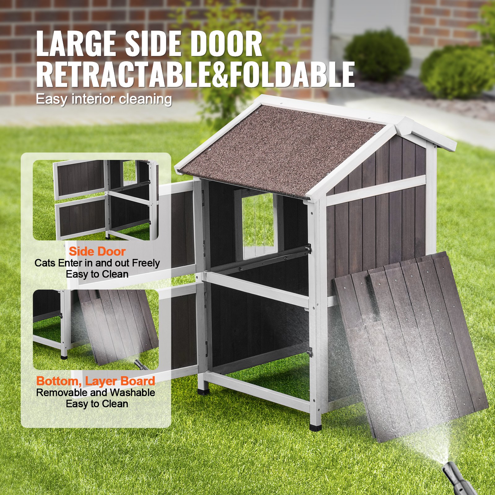 VEVOR Casa para gatos de exterior resistente a la intemperie, refugio para gatos salvajes para varios gatos, casa grande de madera para gatos de 2 pisos para exteriores con puertas, solapas de puerta de PVC, una ventana transparente, 23" de largo x 26" de ancho x 36" de alto