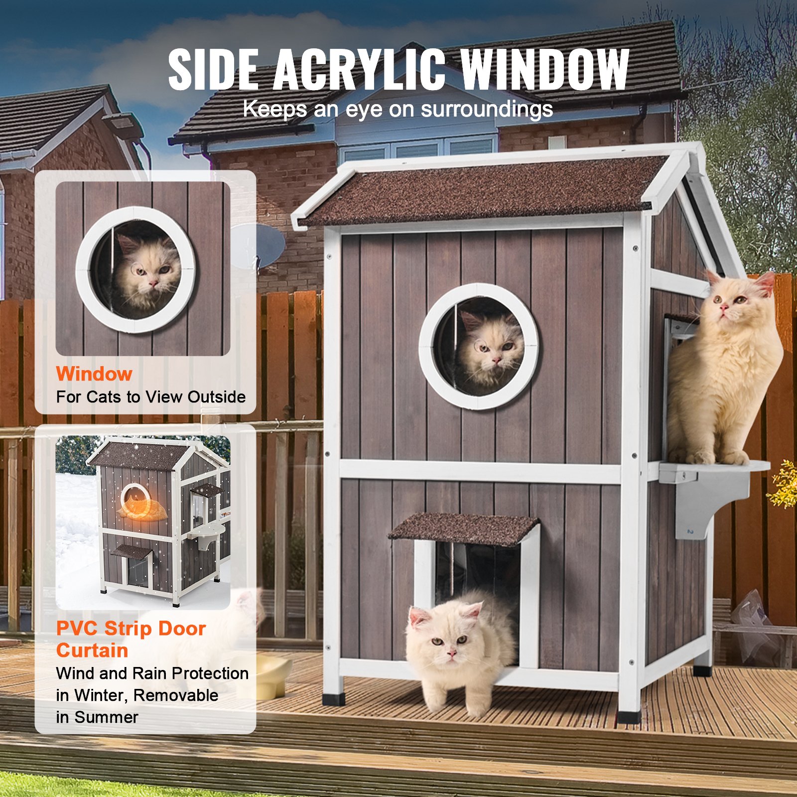 VEVOR Casa para gatos de exterior resistente a la intemperie, refugio para gatos salvajes para varios gatos, casa grande de madera para gatos de 2 pisos para exteriores con puertas, solapas de puerta de PVC, una ventana transparente, 23" de largo x 26" de ancho x 36" de alto