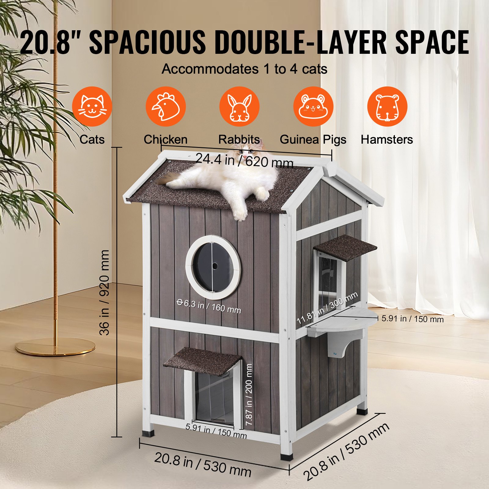 VEVOR Casa para gatos de exterior resistente a la intemperie, refugio para gatos salvajes para varios gatos, casa grande de madera para gatos de 2 pisos para exteriores con puertas, solapas de puerta de PVC, una ventana transparente, 23" de largo x 26" de ancho x 36" de alto