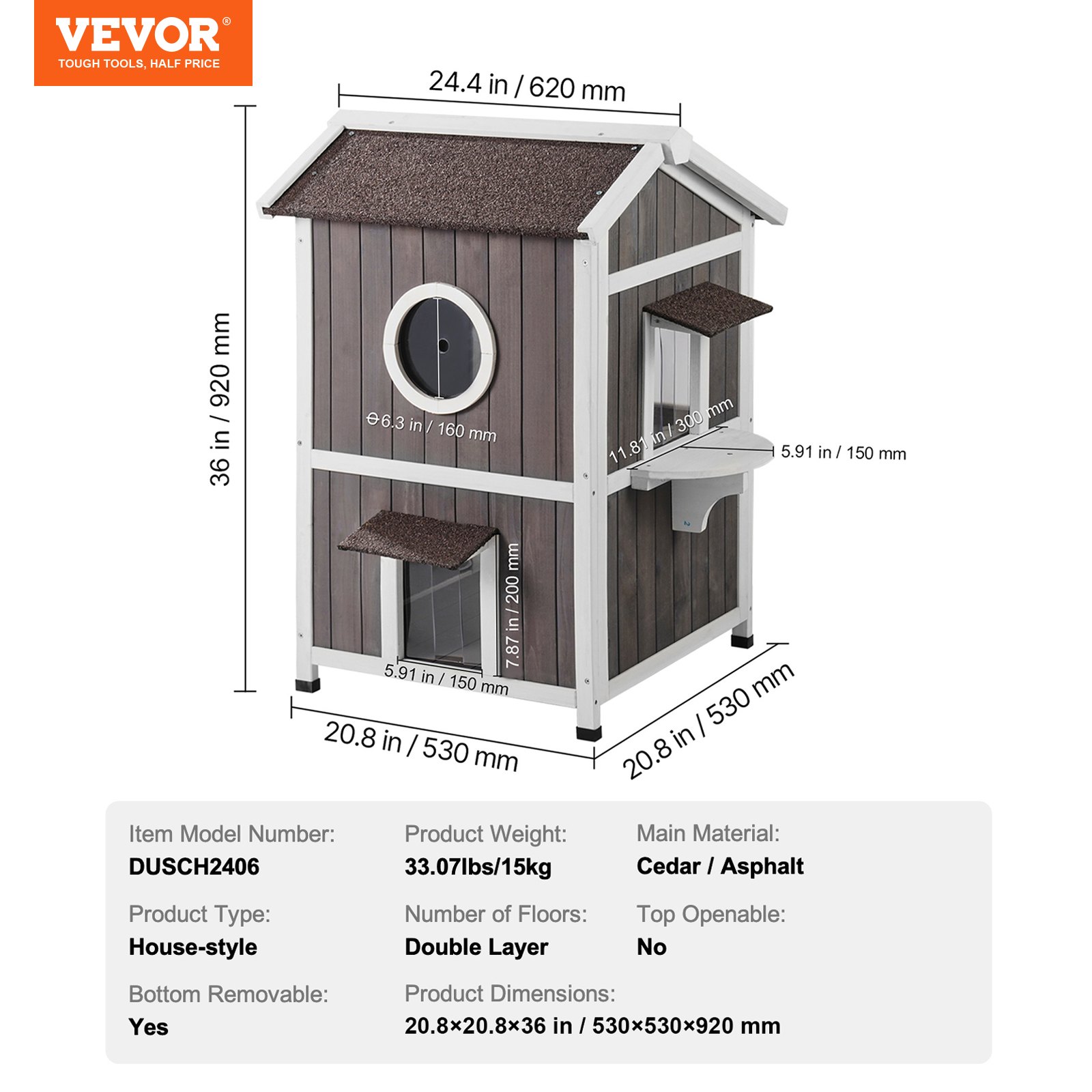 VEVOR Casa para gatos de exterior resistente a la intemperie, refugio para gatos salvajes para varios gatos, casa grande de madera para gatos de 2 pisos para exteriores con puertas, solapas de puerta de PVC, una ventana transparente, 23" de largo x 26" de ancho x 36" de alto