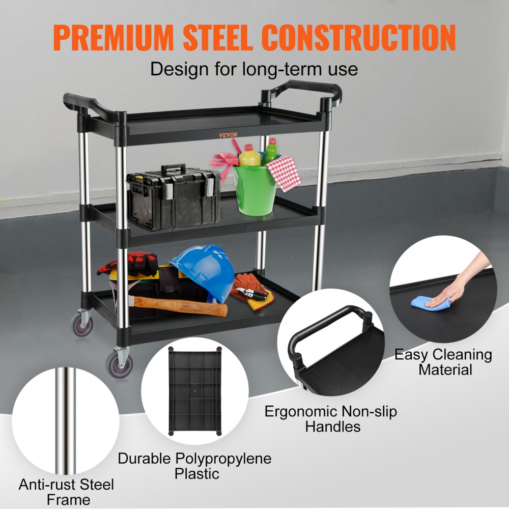 VEVOR Carro de Servicio 3 Niveles Carro de Transporte Estructura de Aluminio 83x40x95 cm Capacidad Total 70 kg Estante de Plástico Carro de Servicio 4 Ruedas Giratorias para Restaurante Garaje Negro