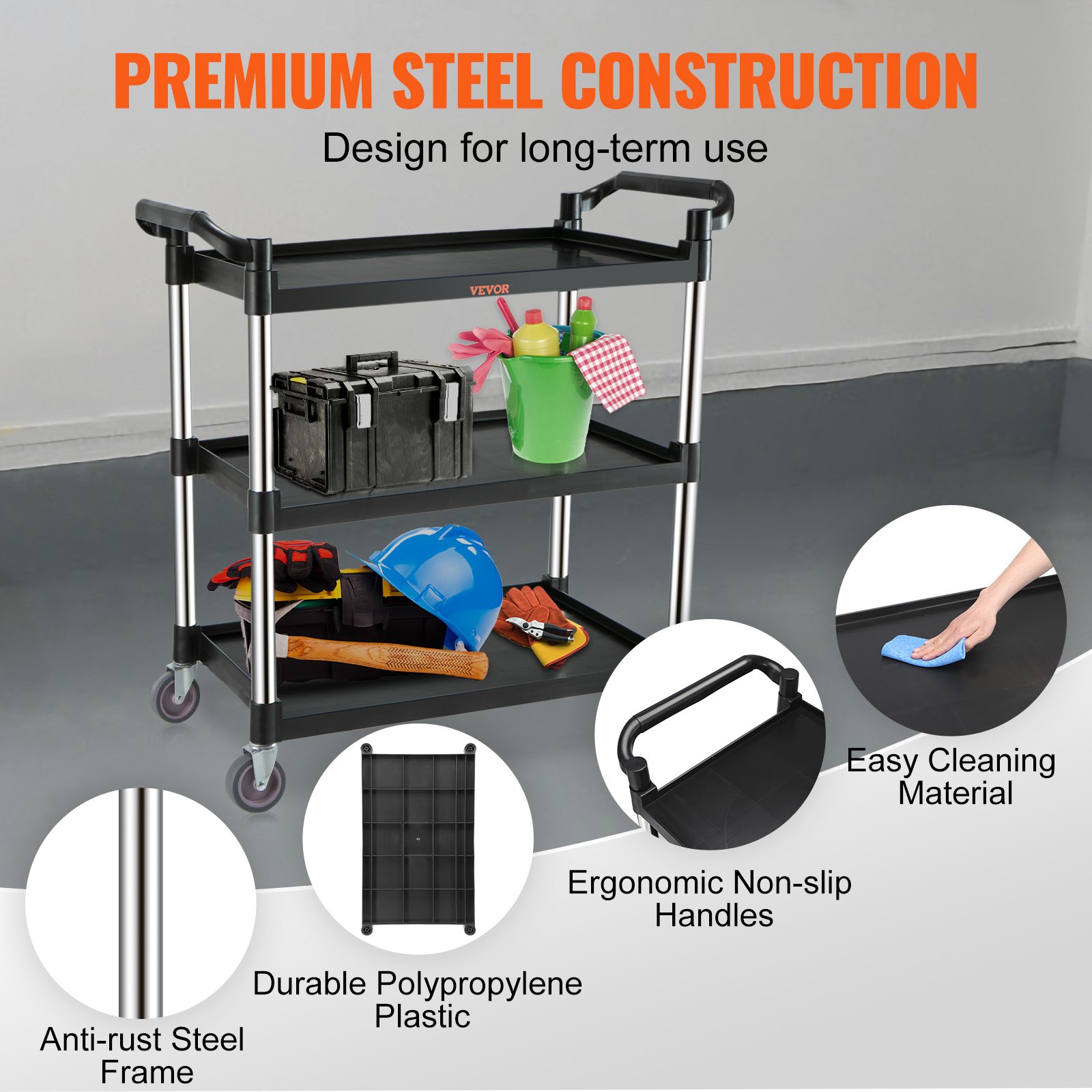 VEVOR Carro de Servicio 3 Niveles Carro de Transporte Estructura de Aluminio 83x40x95 cm Capacidad Total 70 kg Estante de Plástico Carro de Servicio 4 Ruedas Giratorias para Restaurante Garaje Negro