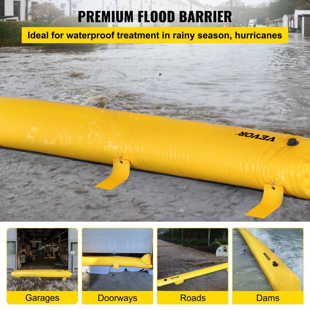 VEVOR Barrera de Inundación Amarilla PVC Industrial Barrera Hidráulica 290 L de Capacidad de Agua Barrera de Protección contra Inundaciones 7,32 mx2,5cmx1,5cm para Portal, Garaje, Carreteras, Presas