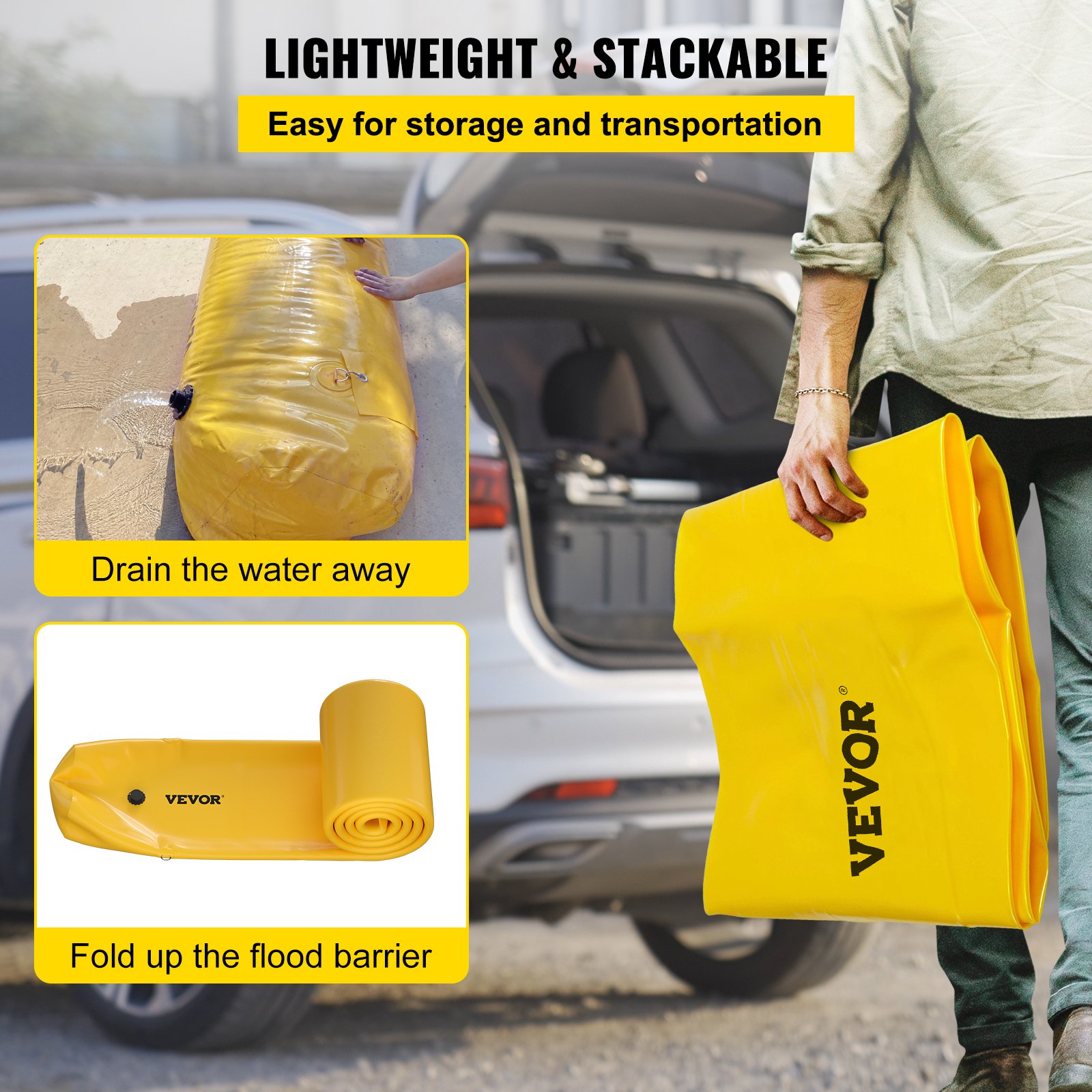VEVOR Barrera de Inundación Amarilla PVC Industrial Barrera Hidráulica 290 L de Capacidad de Agua Barrera de Protección contra Inundaciones 7,32 mx2,5cmx1,5cm para Portal, Garaje, Carreteras, Presas