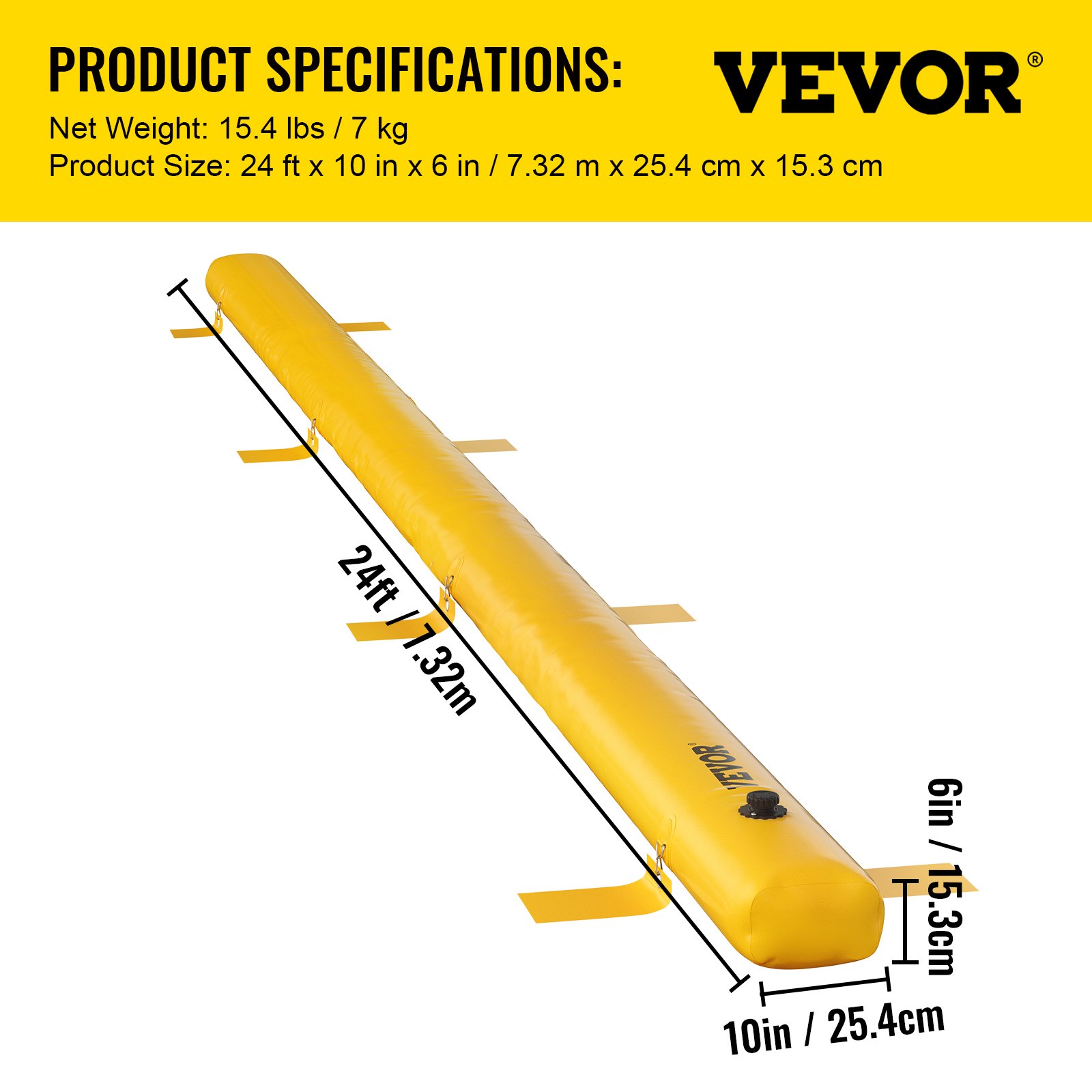 VEVOR Barrera de Inundación Amarilla PVC Industrial Barrera Hidráulica 290 L de Capacidad de Agua Barrera de Protección contra Inundaciones 7,32 mx2,5cmx1,5cm para Portal, Garaje, Carreteras, Presas
