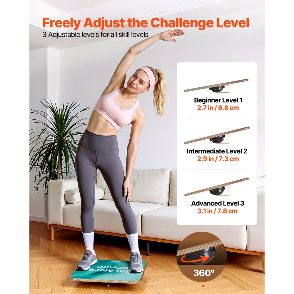 VEVOR Tabla de Equilibrio Cuadrada de Madera con Rotación de 360°, Entrenador de Tabla de Equilibrio para Adultos 50 x 50 cm, Ajustable en 3 Niveles, para Ejercicios de Core, Gimnasio en Casa, Yoga