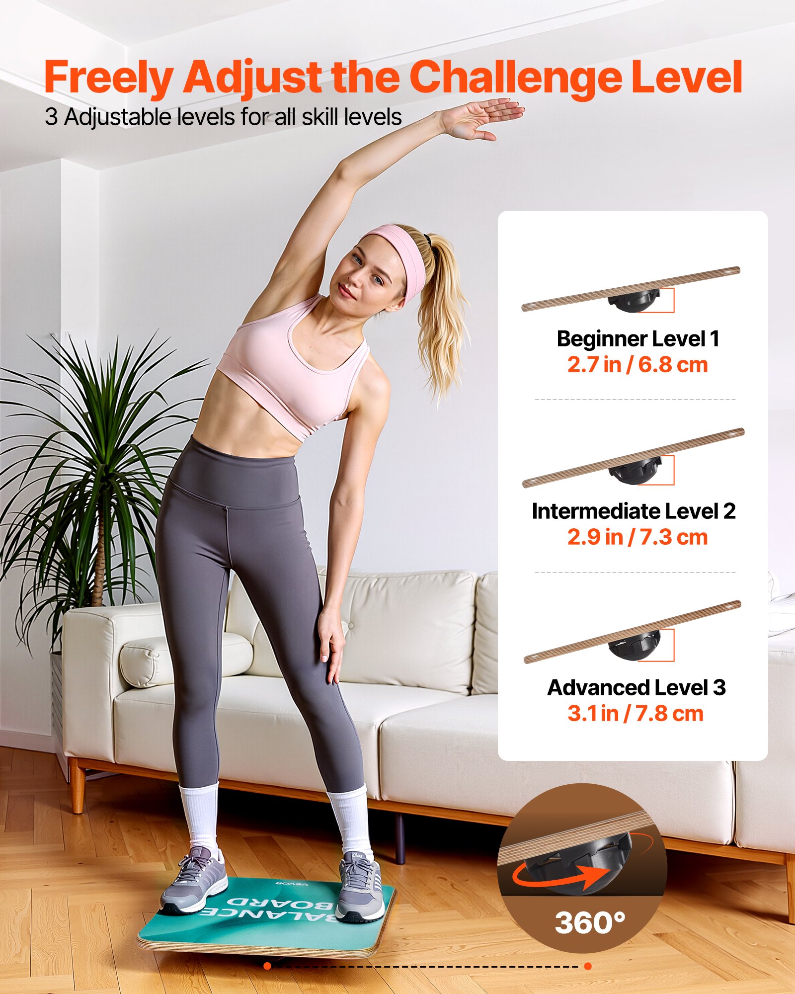 VEVOR Tabla de Equilibrio Cuadrada de Madera con Rotación de 360°, Entrenador de Tabla de Equilibrio para Adultos 50 x 50 cm, Ajustable en 3 Niveles, para Ejercicios de Core, Gimnasio en Casa, Yoga