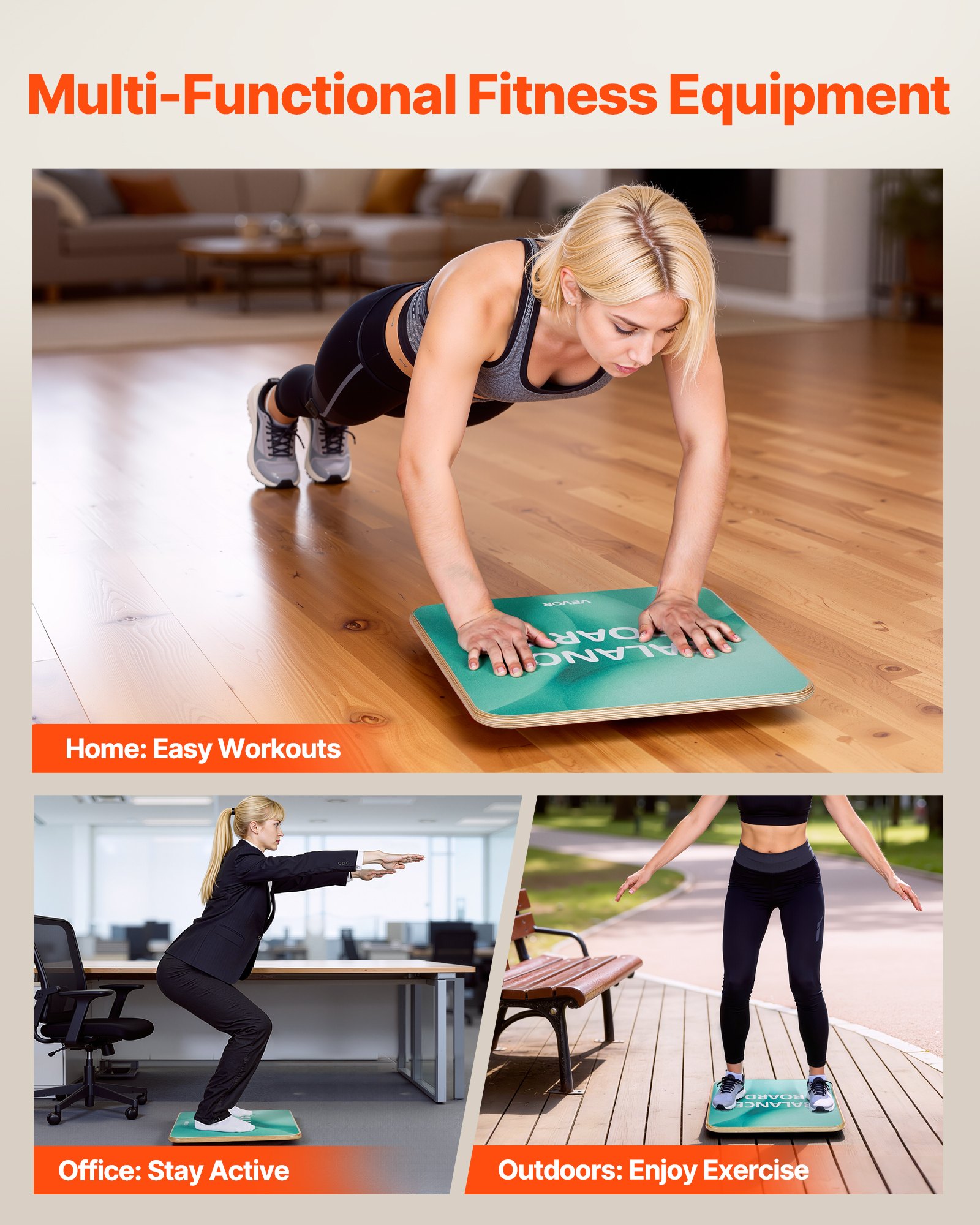 VEVOR Tabla de Equilibrio Cuadrada de Madera con Rotación de 360°, Entrenador de Tabla de Equilibrio para Adultos 50 x 50 cm, Ajustable en 3 Niveles, para Ejercicios de Core, Gimnasio en Casa, Yoga