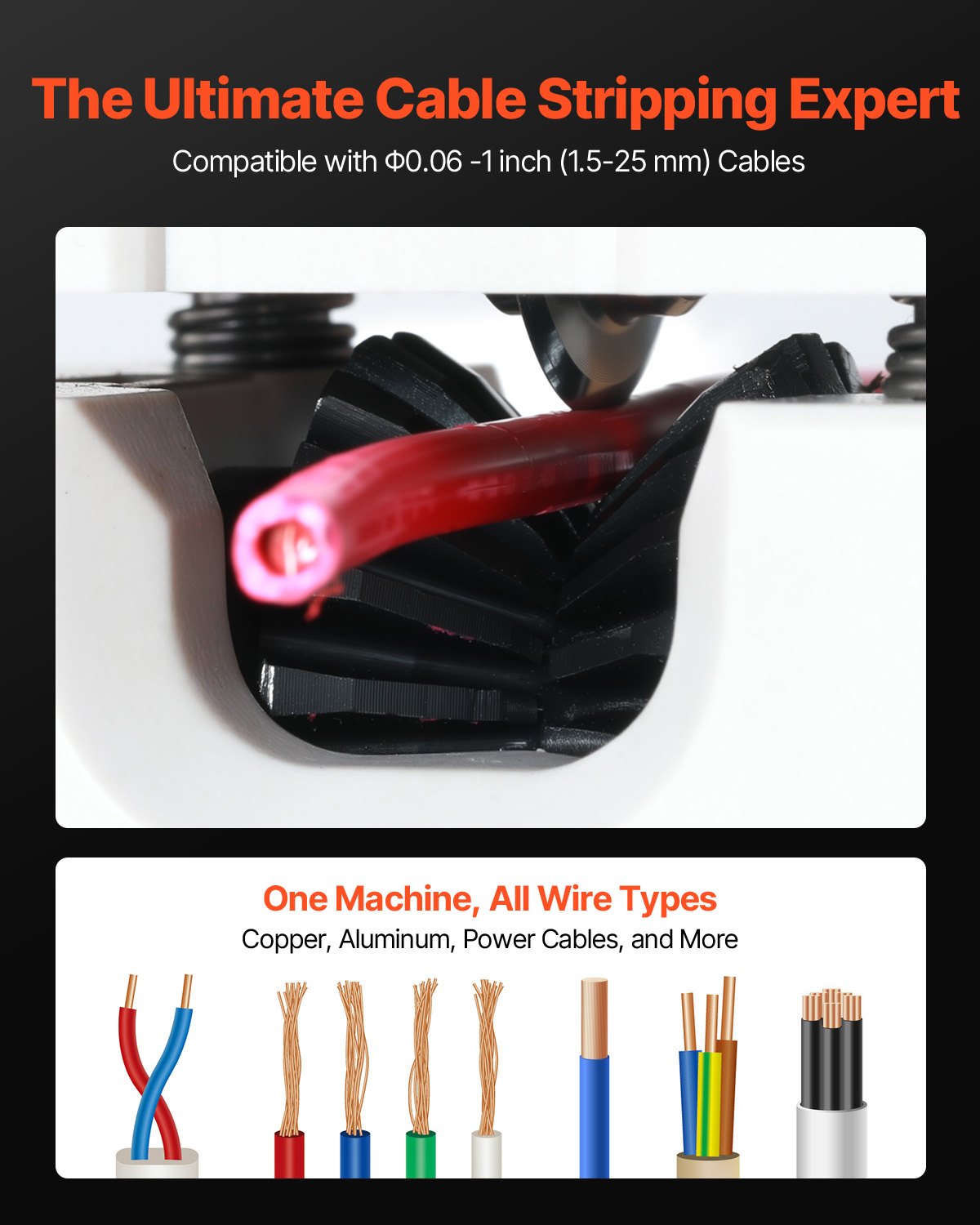 VEVOR Cable Stripping Machine, 1.5-25 mm, Manual Wire Stripper with Hand Crank or Drill, 64Mn Hardened Blades, 45# Steel Rollers, ABC & PC Wire Stripper, Cable Stripping Machine