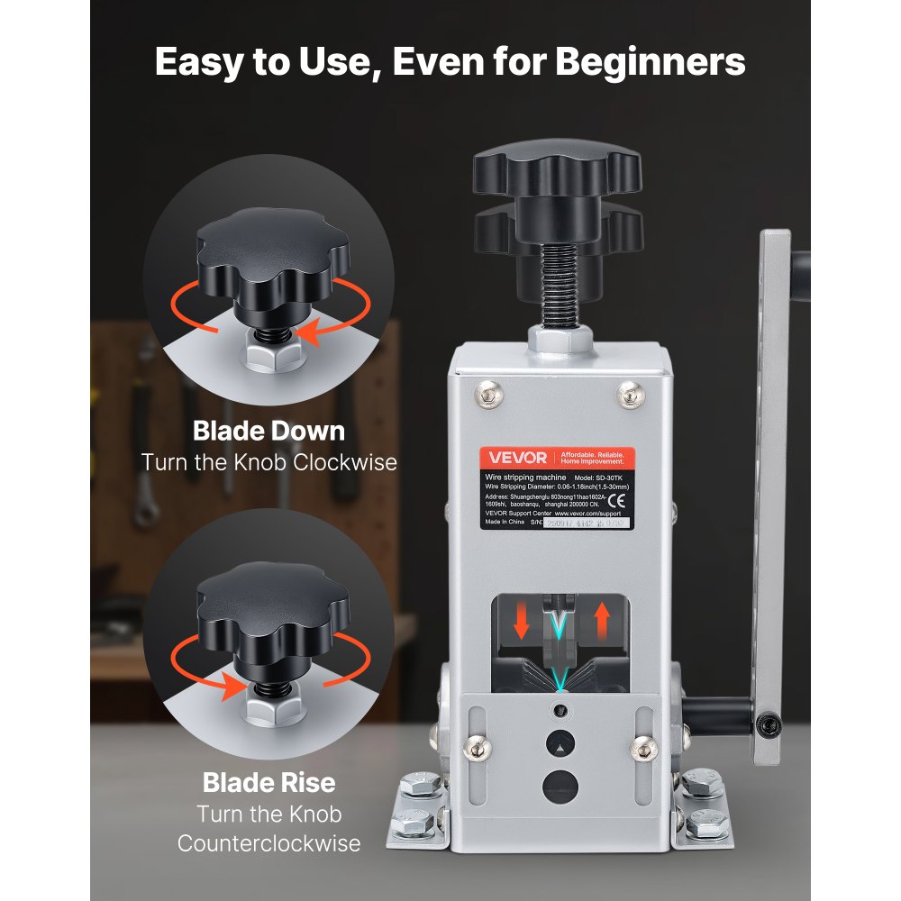 VEVOR Máquina Pelacables Manual 1,5-30 mm de Diámetro, Pela Cables con Manivela o Taladro, Herramienta para Pelar Cables de Cobre, Marco Q235 de Alta Resistencia para Recolectar Chatarra de Cobre