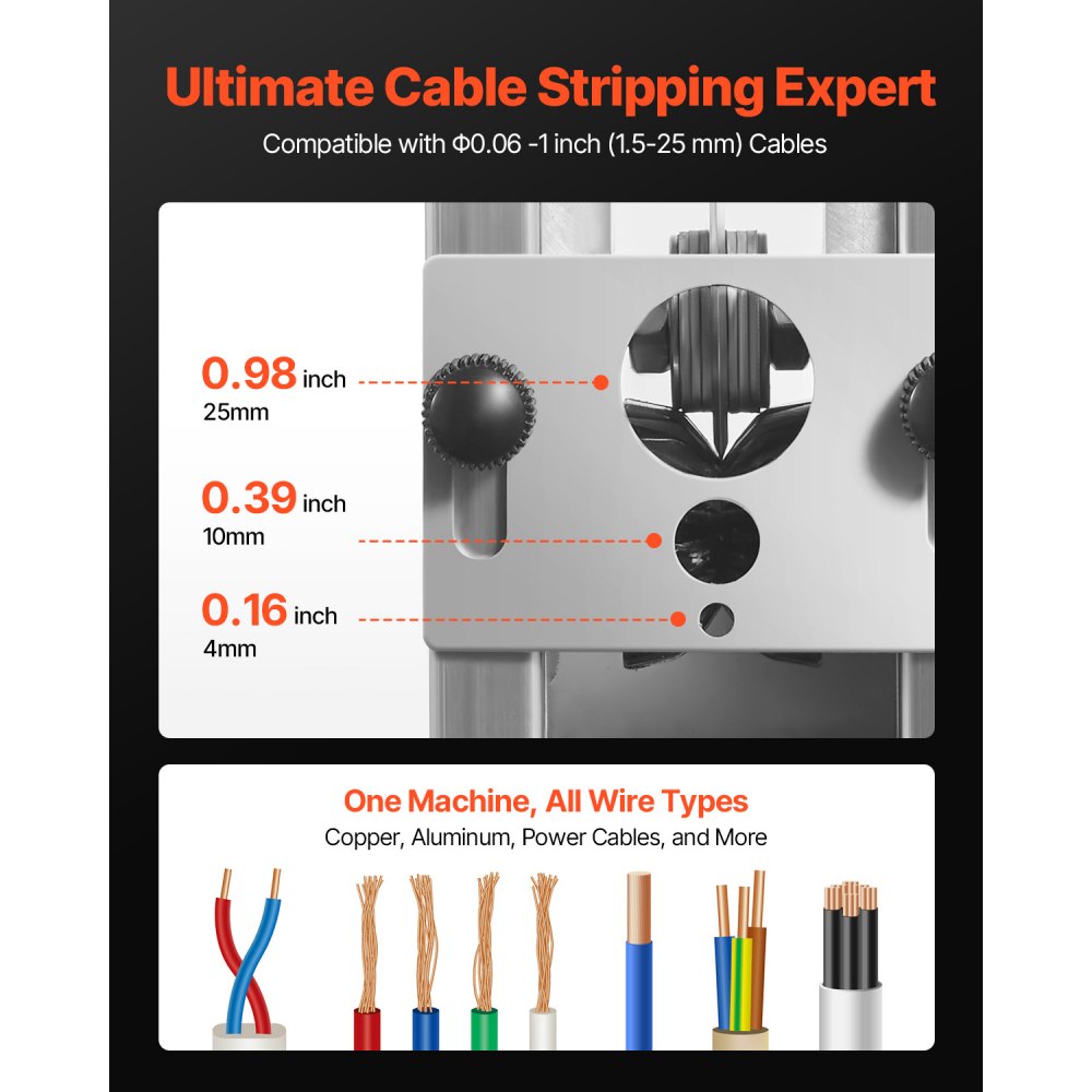 VEVOR Peladora de Cables Manual con Marco de Aleación de Aluminio 1,5-25 mm Pelacables con Manivela o Taladro, Cuchillas Templadas de 64 Mn, Rodillos de Acero para Reciclaje de Chatarra de Cobre