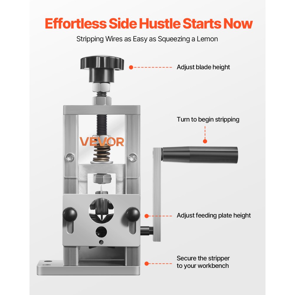 VEVOR Manual Cable Stripping Machine, 1.5-25mm, Copper Wire Stripper with Hand Crank/Drill, 64Mn Hardened Blades, 45# Steel Rollers, Wire Stripper with Aluminum Alloy Frame
