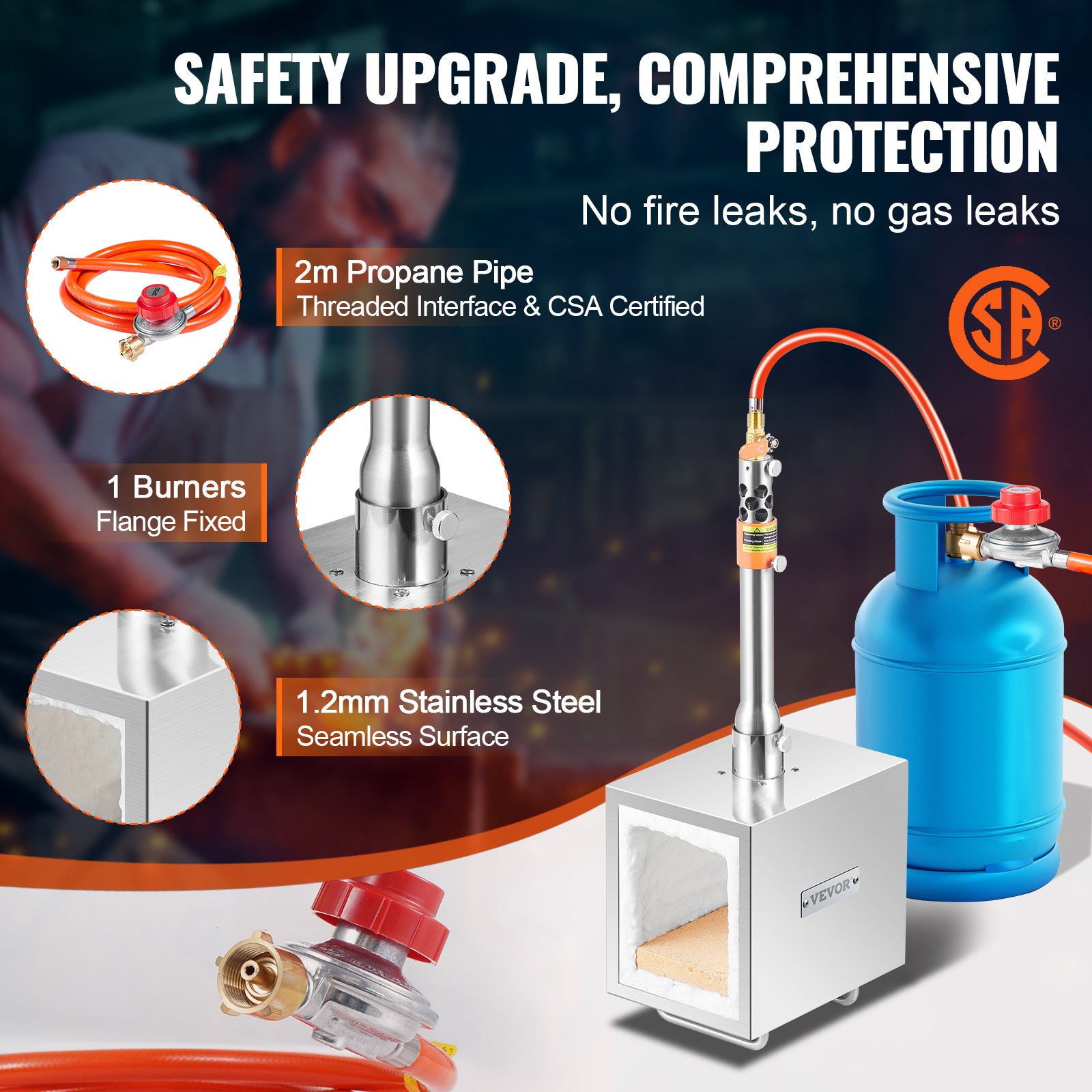 VEVOR Portable Propane Forge, 1-Burner Farrier's Forge, 2600℉ Gas Forge for Tool and Knife Making, Square Stainless Steel Gas Forging Tools and Equipment with Large Capacity for Metal Forging