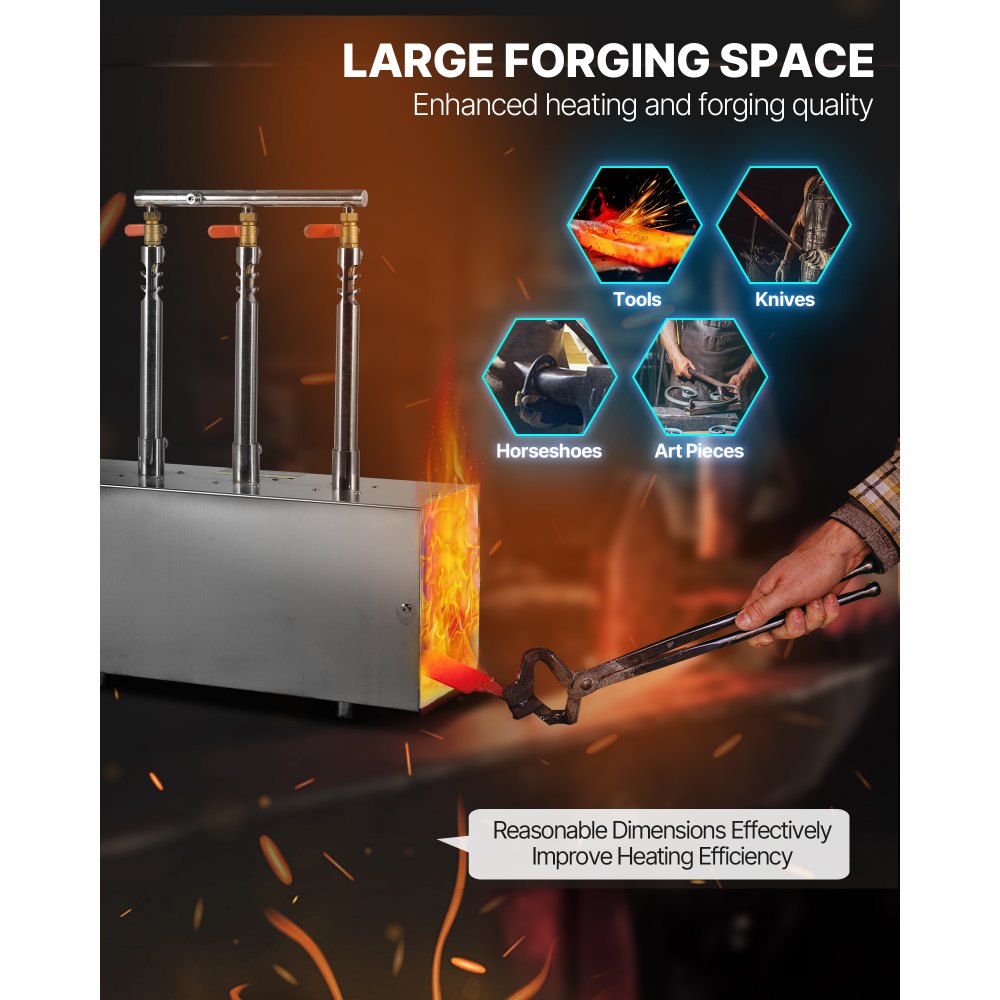 VEVOR Fragua de Gas Propano Portátil, de Forma Cuadrada, con 3 Quemadores, 1427 °C, de Acero Inoxidable 201 Resistente a la Corrosión, Horno de Fusión para Forja de Metales, 510 x 190 x 540 mm