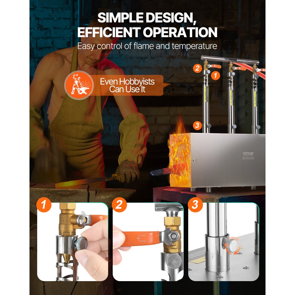 VEVOR Fragua de Gas Propano Portátil, de Forma Cuadrada, con 3 Quemadores, 1427 °C, de Acero Inoxidable 201 Resistente a la Corrosión, Horno de Fusión para Forja de Metales, 510 x 190 x 540 mm