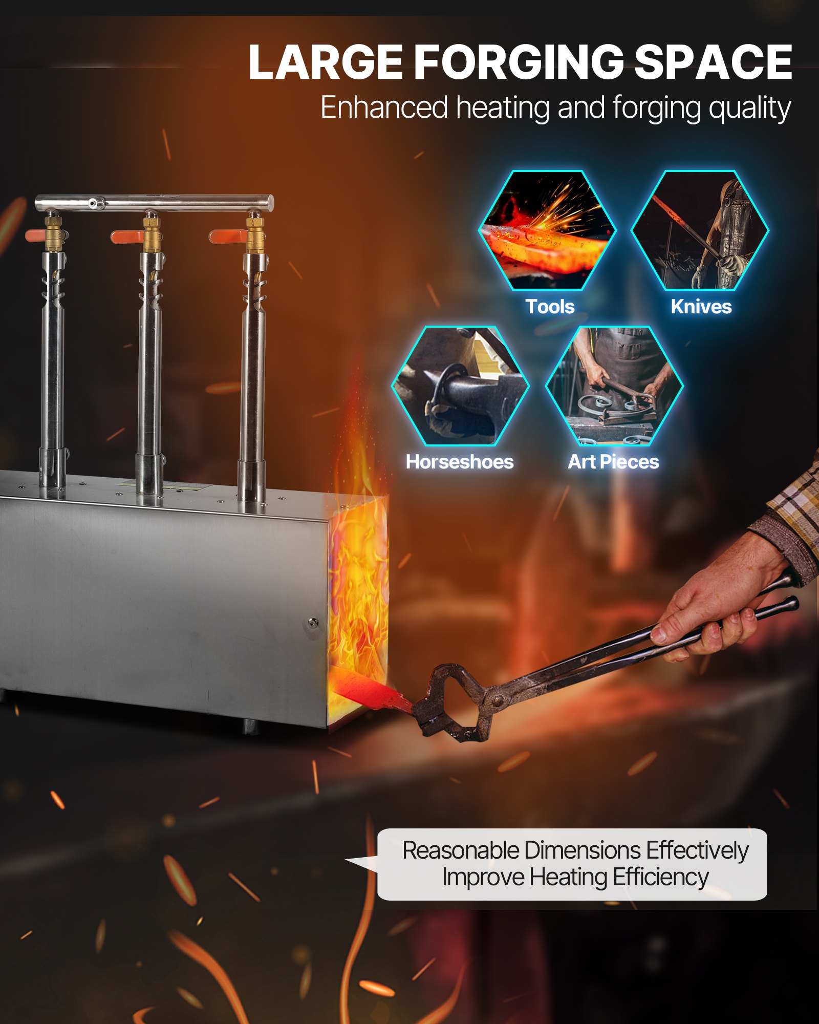 VEVOR Fragua de Gas Propano Portátil, de Forma Cuadrada, con 3 Quemadores, 1427 °C, de Acero Inoxidable 201 Resistente a la Corrosión, Horno de Fusión para Forja de Metales, 510 x 190 x 540 mm