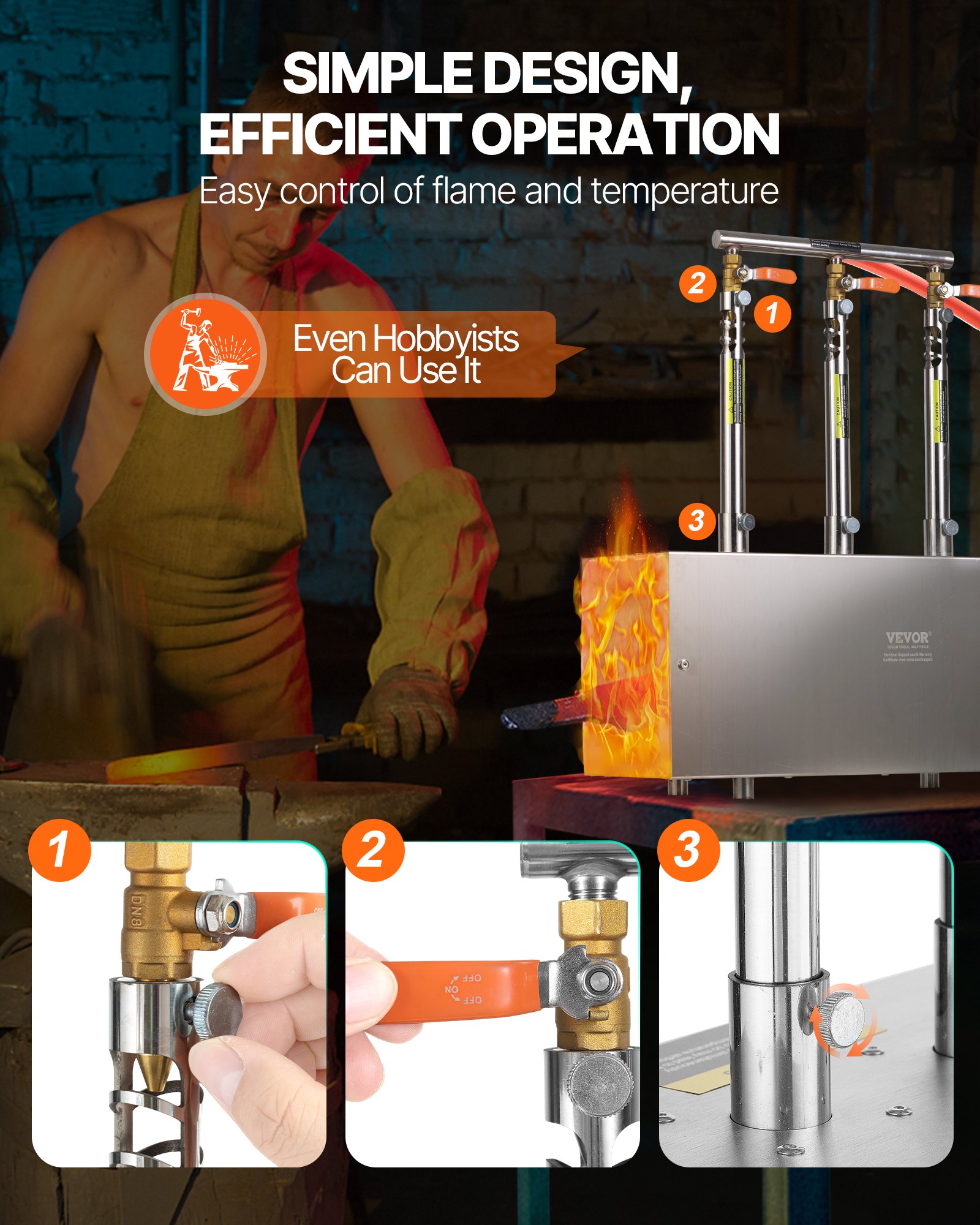 VEVOR Fragua de Gas Propano Portátil, de Forma Cuadrada, con 3 Quemadores, 1427 °C, de Acero Inoxidable 201 Resistente a la Corrosión, Horno de Fusión para Forja de Metales, 510 x 190 x 540 mm