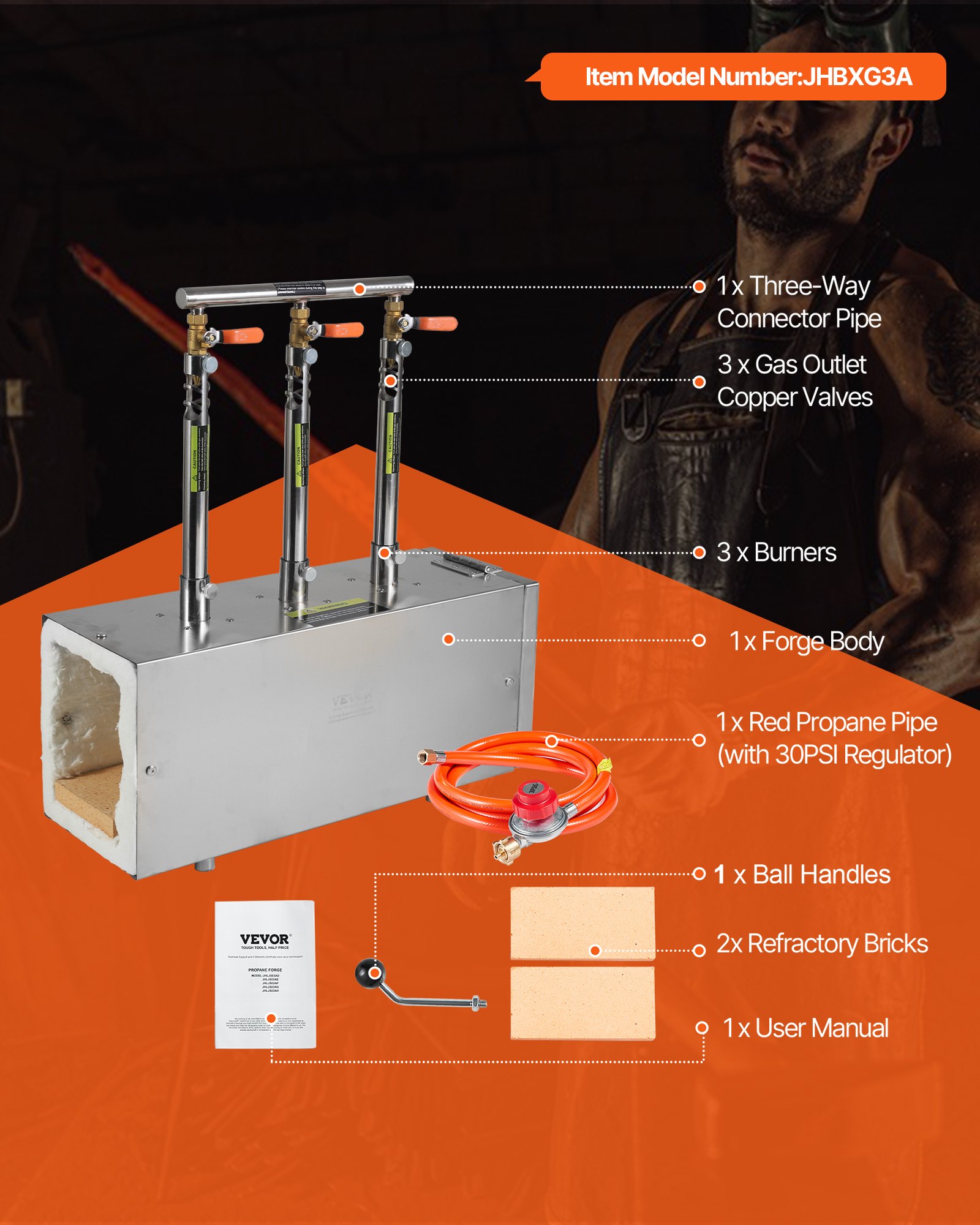 VEVOR Fragua de Gas Propano Portátil, de Forma Cuadrada, con 3 Quemadores, 1427 °C, de Acero Inoxidable 201 Resistente a la Corrosión, Horno de Fusión para Forja de Metales, 510 x 190 x 540 mm