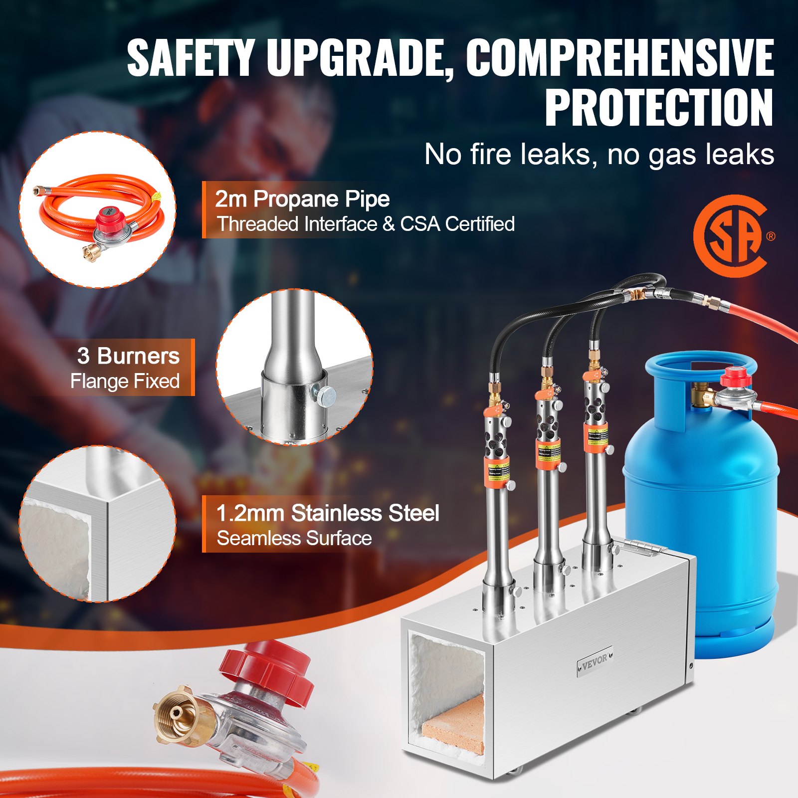 VEVOR Forja de Propano Portátil Forja de Herrero 3 Quemadores Forja de Gas para Herrería 1427°C Equipos de Forja de Gas de Acero Inoxidable Cuadrados Gran Capacidad para Forja de Metales, Plata