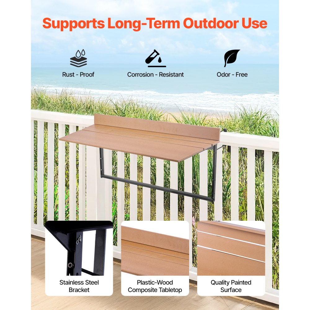 VEVOR Balcony Hanging Table, 1000x345mm, Foldable Balcony Hanging Table, Folding Table for Outdoor Railings, 5-Level Adjustable, Fits Railings from 1 to 3.7 Inches, Serving Table for Patio and Deck