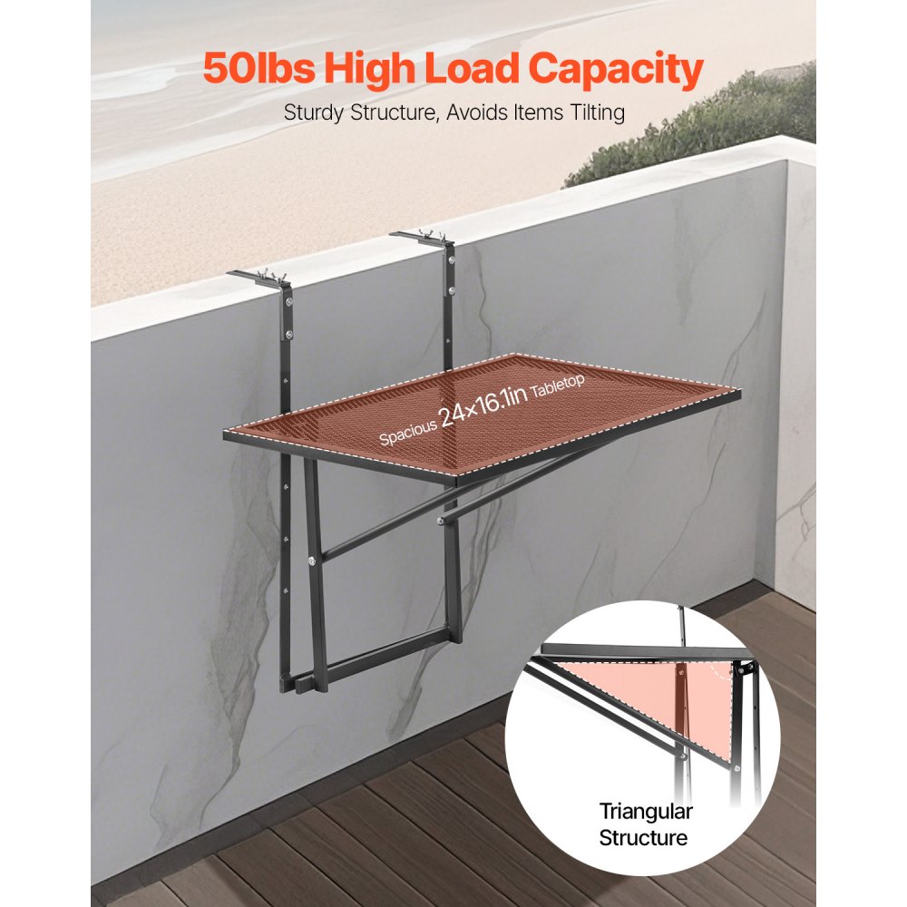 VEVOR Mesa Colgante para Balcón Mesa de Barandilla de Metal Plegable 610 x 530 x 590 mm para Balcón al Aire Libre, Ajustable en 5 Niveles, se Adapta a Barandillas de 1-4,72", Mesa para Patio y Terraza