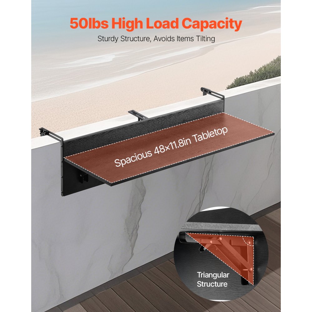 VEVOR Mesa Colgante para Balcón, Mesa Plegable 1220 x 450 x 240 mm con Barandilla para Balcón al Aire Libre, Carga de 22,68 kg, se Adapta a Barandillas de 1-5,91", Mesa para Patio y Terraza