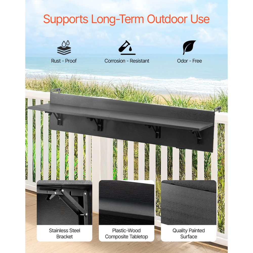VEVOR Mesa Colgante para Balcón, Mesa Plegable con Barandilla para Balcón de 1500 x 450 x 240 mm, Carga de 22,68 kg, se Adapta a Barandillas de 1-5,91", Mesa de Servicio para Patio y Terraza