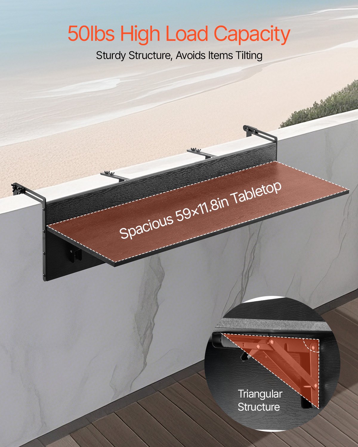 VEVOR Mesa Colgante para Balcón, Mesa Plegable con Barandilla para Balcón de 1500 x 450 x 240 mm, Carga de 22,68 kg, se Adapta a Barandillas de 1-5,91", Mesa de Servicio para Patio y Terraza