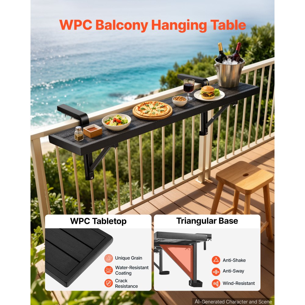 VEVOR Mesa Colgante Plegable para Balcón 1245 x 240 mm Mesita Auxiliar, para Exterior Jardín Terraza, Compatible con Barandillas 25-65 mm, Capacidad de Carga 27 kg, Compuesto de Madera y Plástico