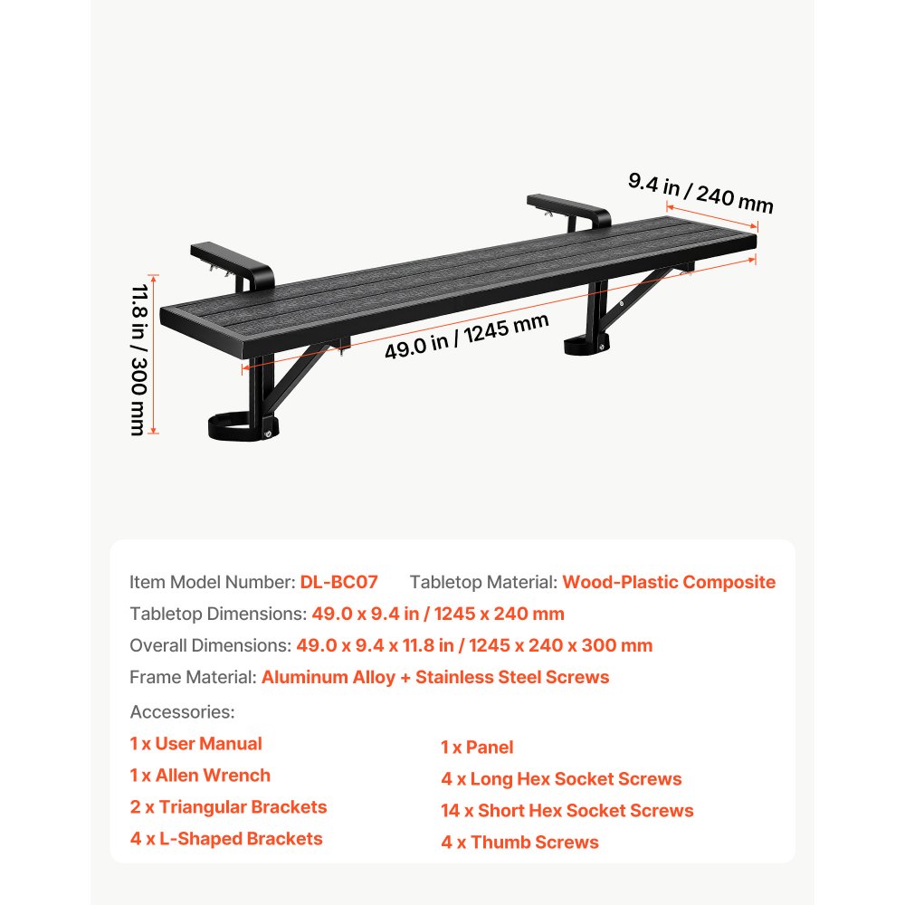 VEVOR Mesa Colgante Plegable para Balcón 1245 x 240 mm Mesita Auxiliar, para Exterior Jardín Terraza, Compatible con Barandillas 25-65 mm, Capacidad de Carga 27 kg, Compuesto de Madera y Plástico