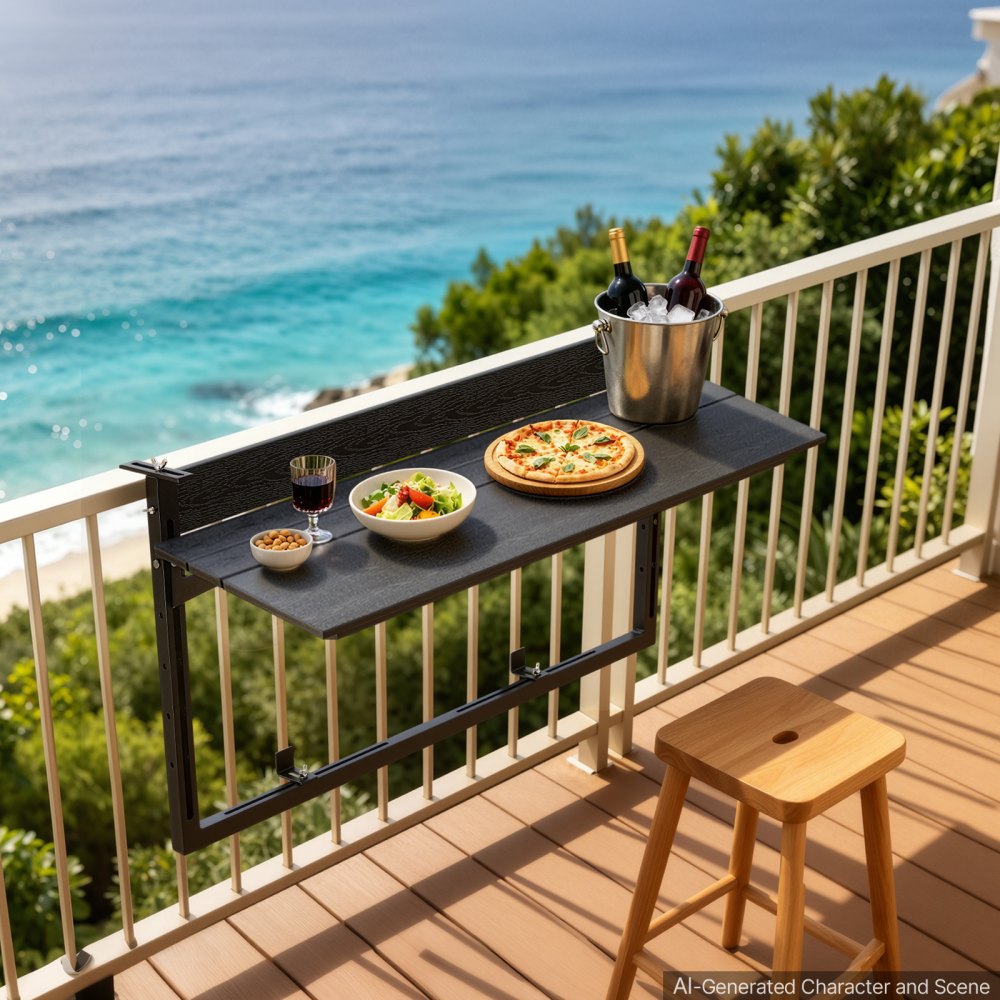 VEVOR Balcony Hanging Table 795 x 380 mm 27 kg Folding Railing Bar Table, for Outdoor Patio Garden Deck Use, Fits 0-90 mm Rails, 5-Level Adjustable Height, Durable Wood-Plastic Composite Material