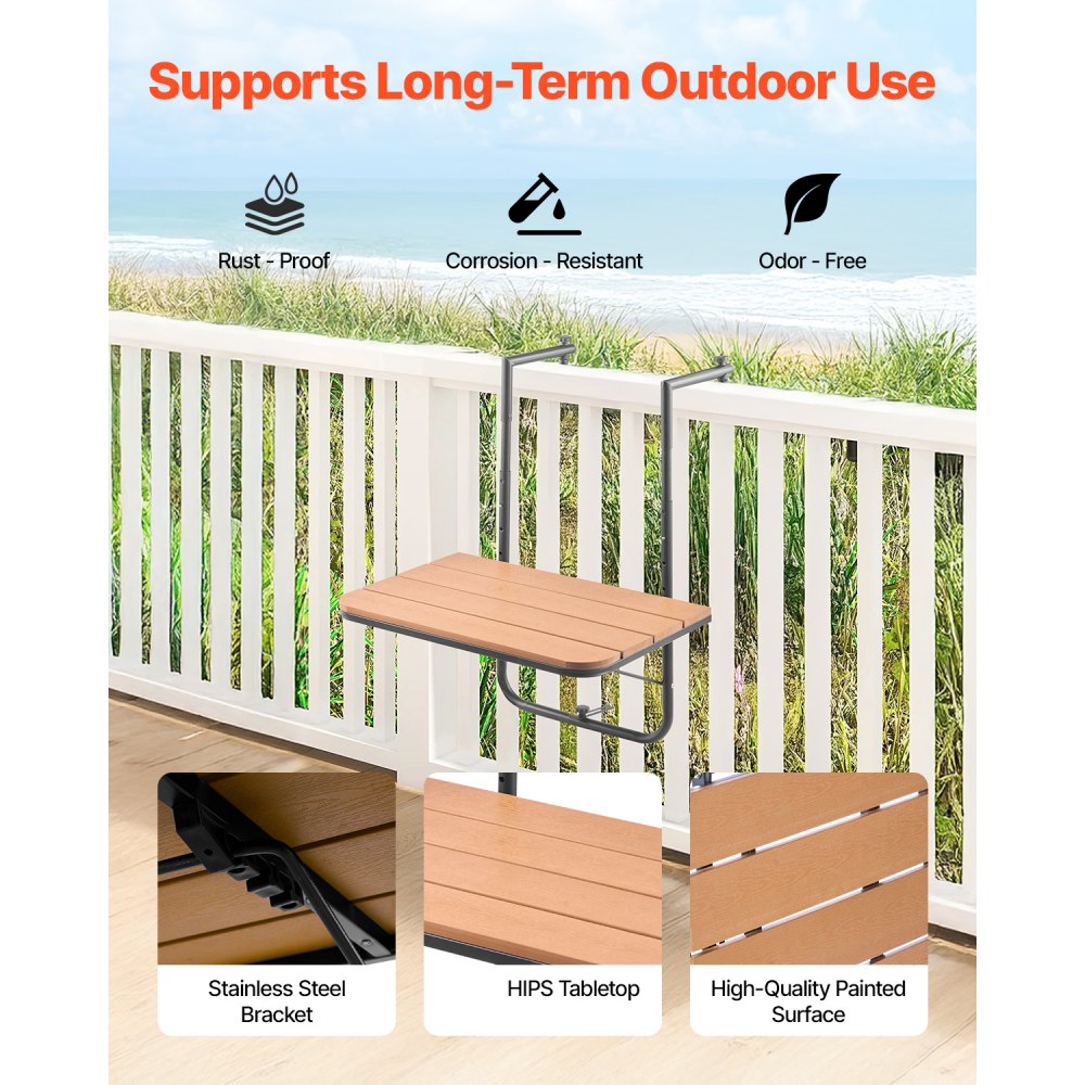VEVOR Balcony Table, 595x400 mm, Foldable Balcony Hanging Table, Folding Table for Outdoor Railings, 4-Step Adjustable, Fits Railings from 2.54 to 21 cm, Serving Table for Terrace and Deck