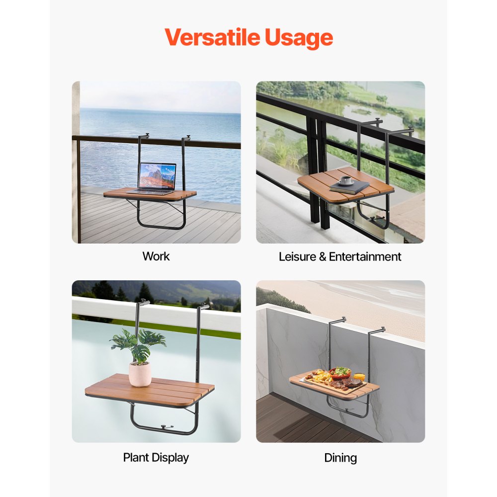 VEVOR Balcony Table, 595x400 mm, Foldable Balcony Hanging Table, Folding Table for Outdoor Railings, 4-Step Adjustable, Fits Railings from 2.54 to 21 cm, Serving Table for Terrace and Deck