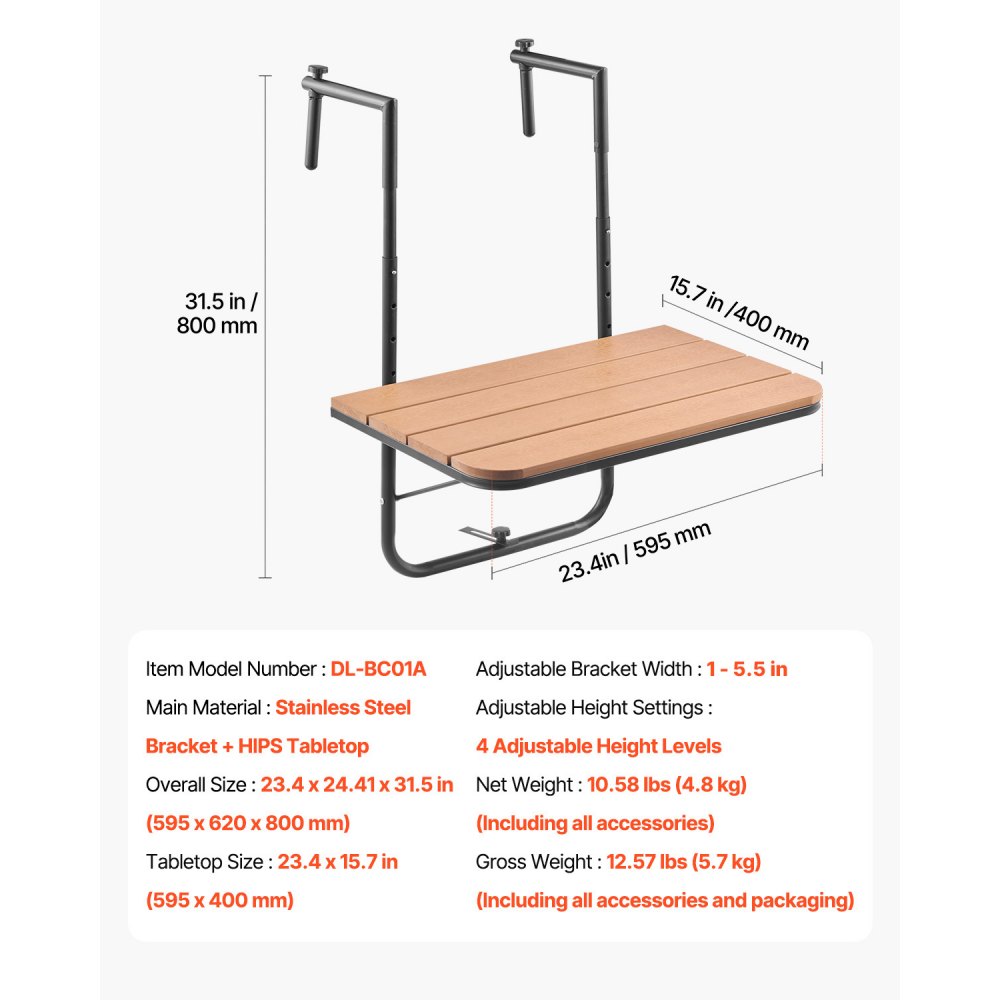 VEVOR Balcony Table, 595x400 mm, Foldable Balcony Hanging Table, Folding Table for Outdoor Railings, 4-Step Adjustable, Fits Railings from 2.54 to 21 cm, Serving Table for Terrace and Deck