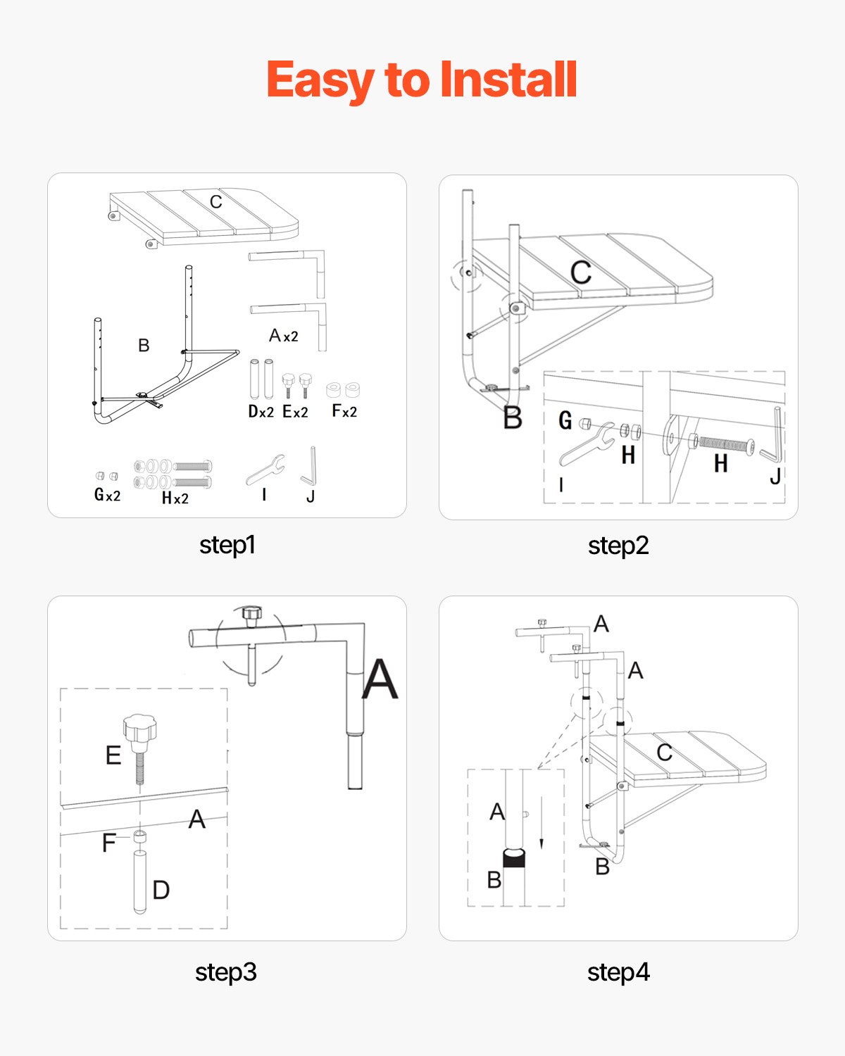 VEVOR Mesa Colgante para Balcón, Mesa Plegable con Barandilla para Balcón de 595 x 620 x 800 mm, Ajustable en 4 Niveles, se Adapta a Barandillas de 1-8,27", Mesa de Servicio para Patio y Terraza