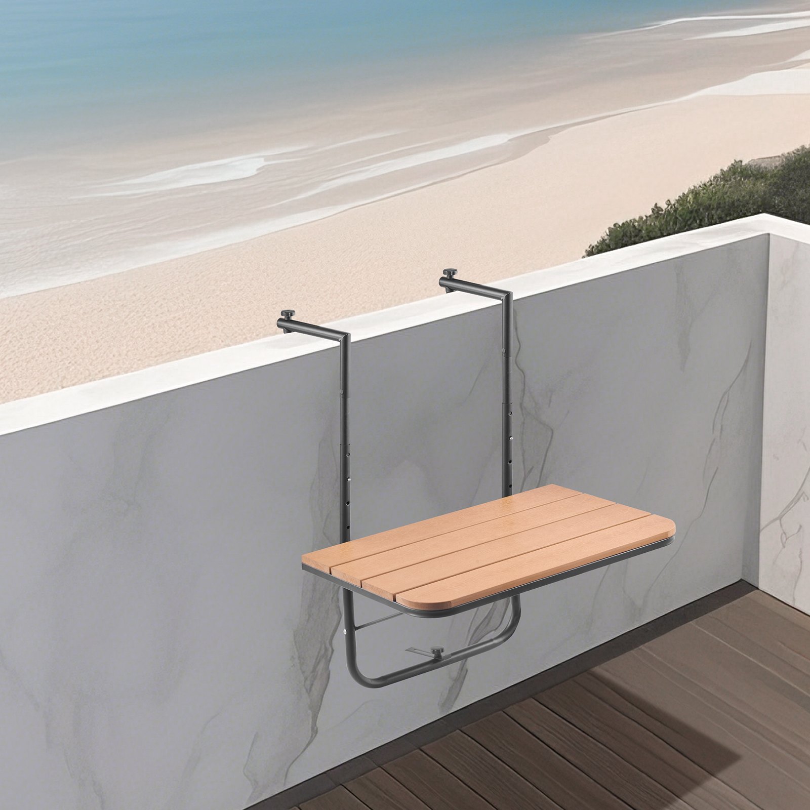 VEVOR Mesa Colgante para Balcón, Mesa Plegable con Barandilla para Balcón de 595 x 620 x 800 mm, Ajustable en 4 Niveles, se Adapta a Barandillas de 1-8,27", Mesa de Servicio para Patio y Terraza