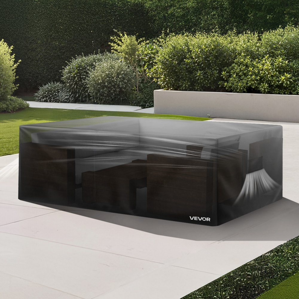 VEVOR Patio Furniture Cover, 420D Heavy Duty Waterproof Outdoor Dining Table and Chairs Cover, Large Squre Patio Table Covers with Air Vent for All Weather, 320L x 320W x 81H cm, Black