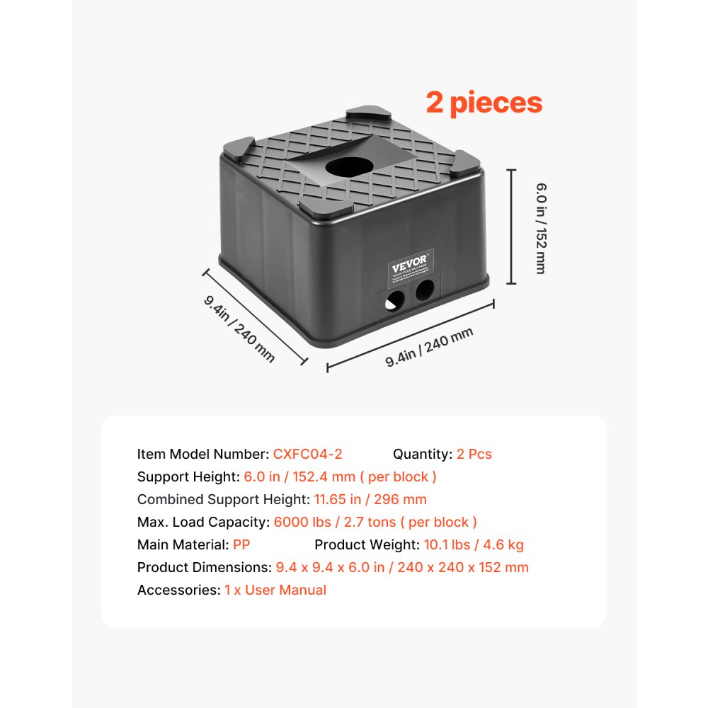 VEVOR Bloques de Nivelación para Remolque de 15 cm de Alto y Alta Resistencia, Carga 2777 kg Cada Uno, para Soportes de Gato, Taburetes y Accesorios para Caravanas, 240 x 240 x 152 mm, 2 uds