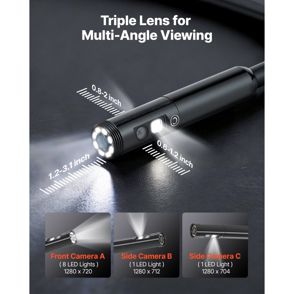 VEVOR Endoscopio de Triple Cámara con Pantalla IPS, Cámara de Inspección con Pantalla Dividida, Sonda de 8 mm, Cable de 5 m, Batería 3000 mAh, Luces LED, 32 GB, para Automoción, Motores y Fontanería