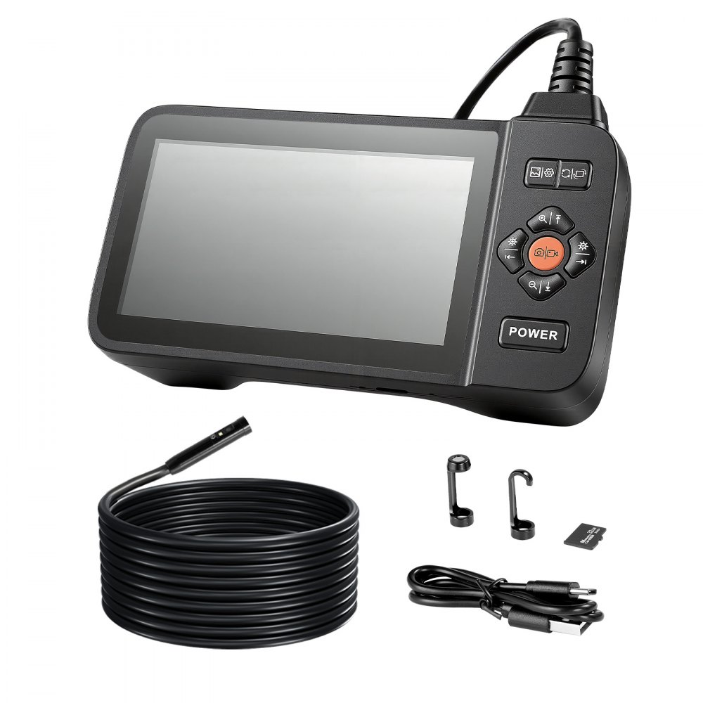VEVOR Endoscopio de Triple Cámara con Pantalla IPS, Cámara de Inspección con Pantalla Dividida, Sonda de 8 mm, Cable de 5 m, Batería 3000 mAh, Luces LED, 32 GB, para Automoción, Motores y Fontanería