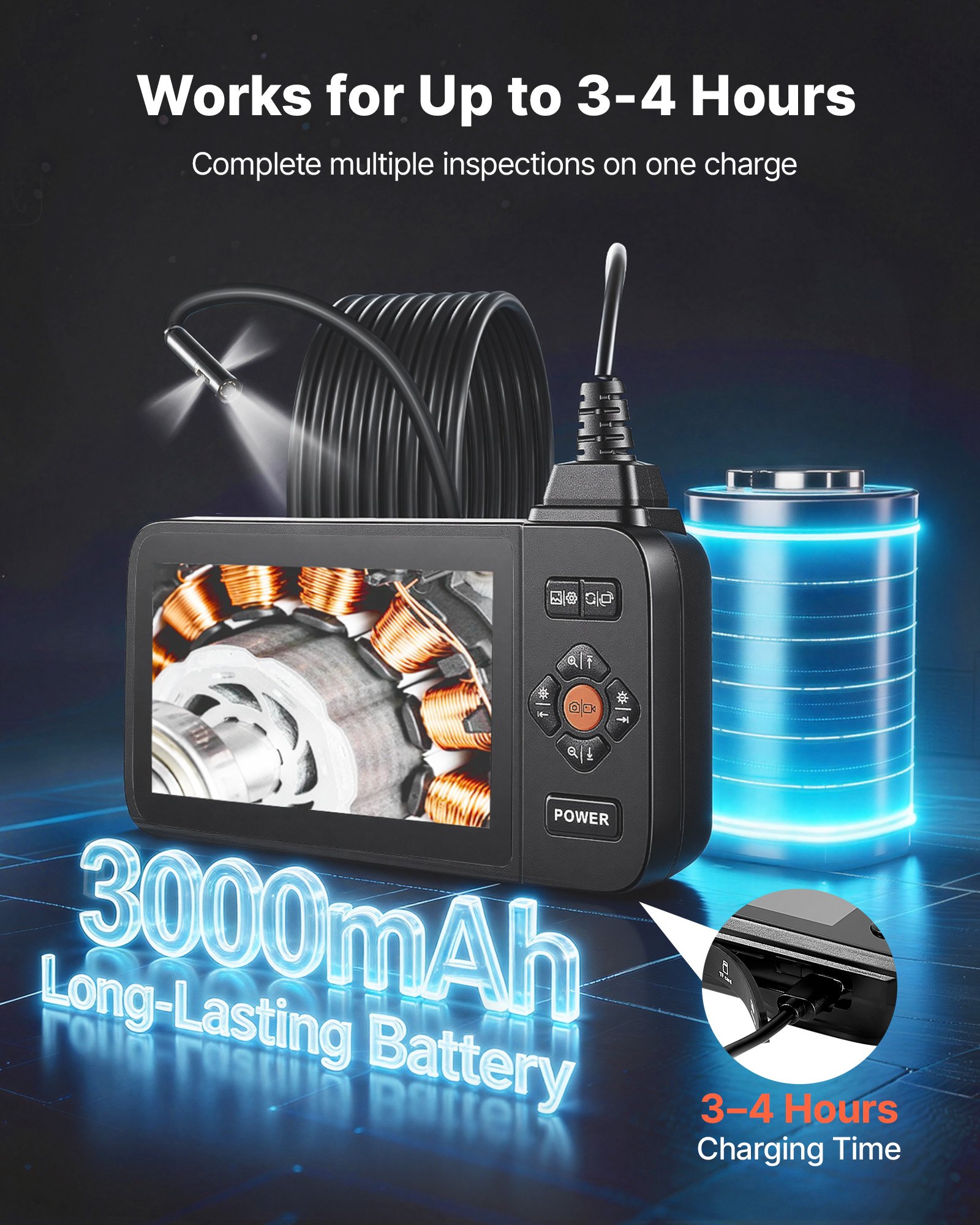 VEVOR Endoscopio de Triple Cámara con Pantalla IPS, Cámara de Inspección con Pantalla Dividida, Sonda de 8 mm, Cable de 5 m, Batería 3000 mAh, Luces LED, 32 GB, para Automoción, Motores y Fontanería