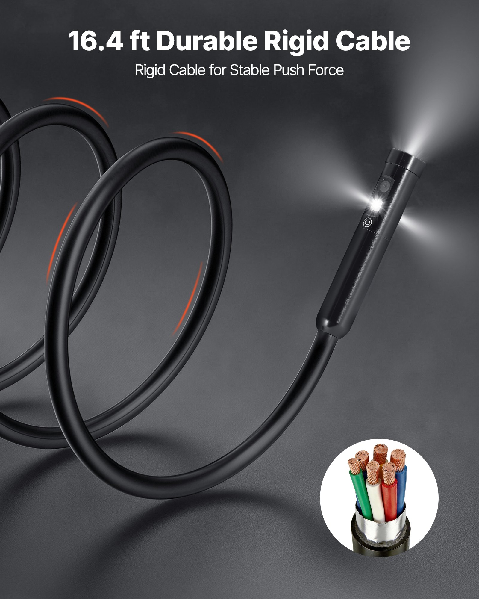 VEVOR Endoscopio de Triple Cámara con Pantalla IPS, Cámara de Inspección con Pantalla Dividida, Sonda de 8 mm, Cable de 5 m, Batería 3000 mAh, Luces LED, 32 GB, para Automoción, Motores y Fontanería
