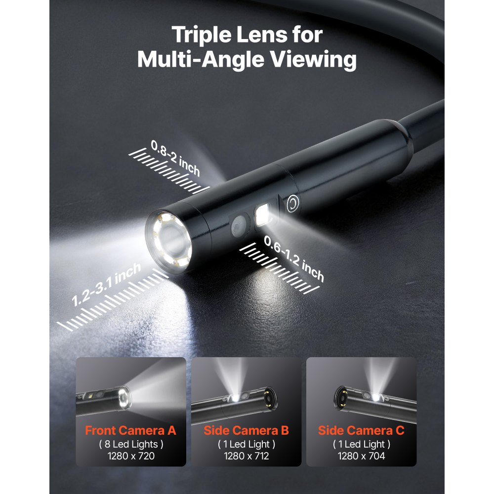 VEVOR Endoscopio de Triple Cámara, Cámara de Inspección con Pantalla IPS, Sonda de 8 mm, Cable de 5 m, 32 GB, Batería 3000 mAh, Luces LED, Zoom 8X para Motores, HVAC, Tuberías, Automoción y Fontanería