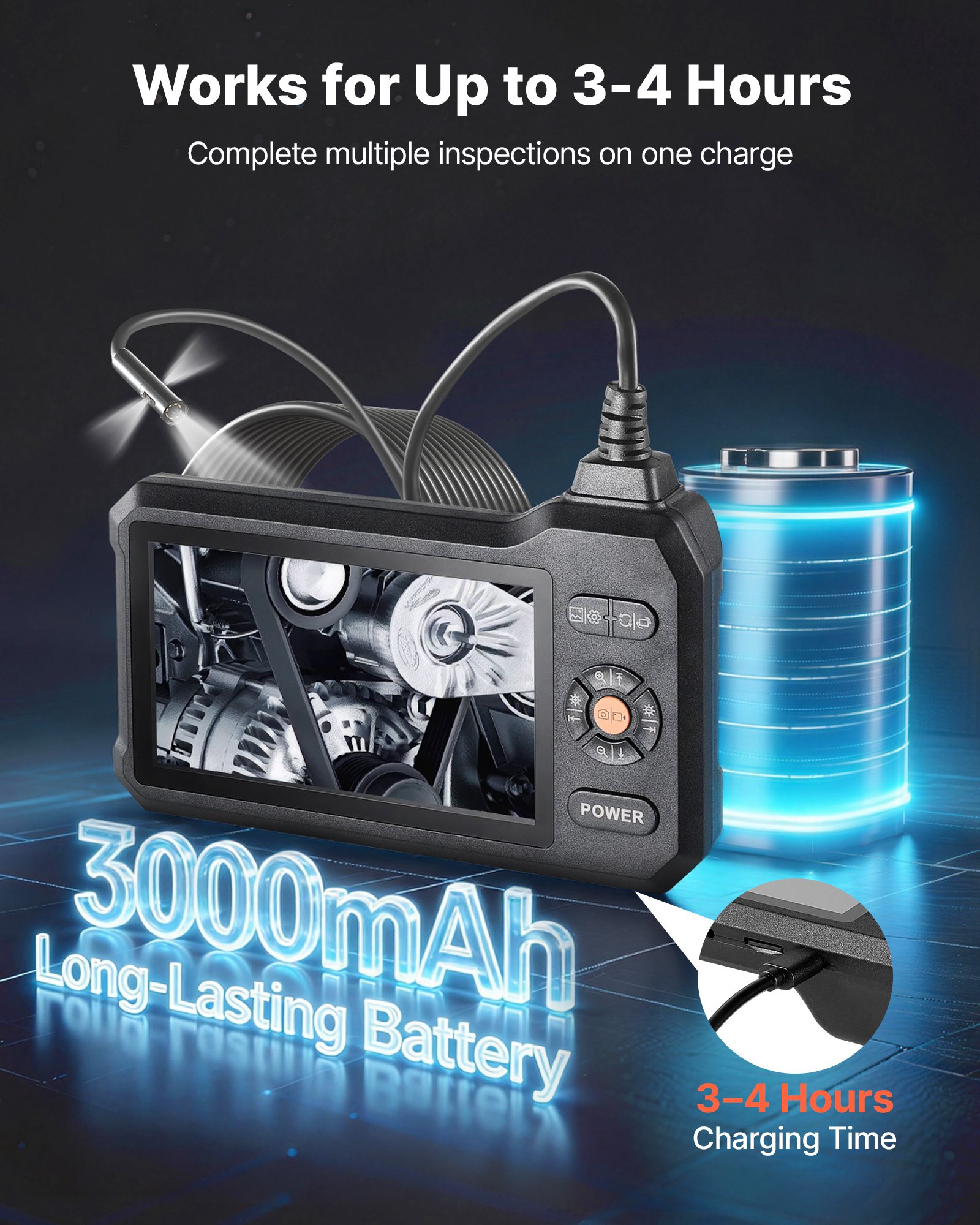 VEVOR Endoscopio de Triple Cámara, Cámara de Inspección con Pantalla IPS, Sonda de 8 mm, Cable de 5 m, 32 GB, Batería 3000 mAh, Luces LED, Zoom 8X para Motores, HVAC, Tuberías, Automoción y Fontanería