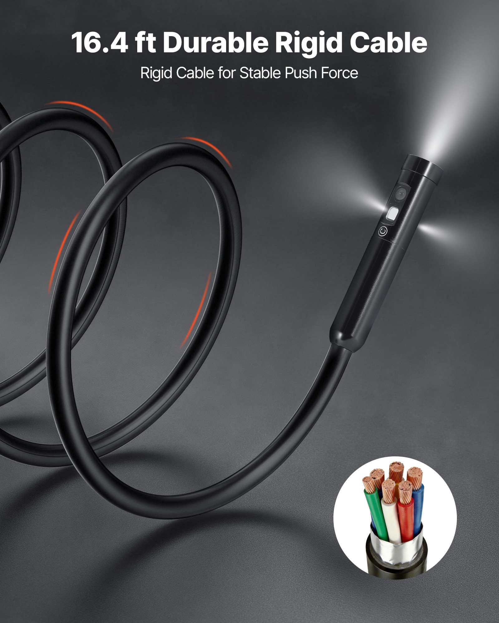 VEVOR Endoscopio de Triple Cámara, Cámara de Inspección con Pantalla IPS, Sonda de 8 mm, Cable de 5 m, 32 GB, Batería 3000 mAh, Luces LED, Zoom 8X para Motores, HVAC, Tuberías, Automoción y Fontanería
