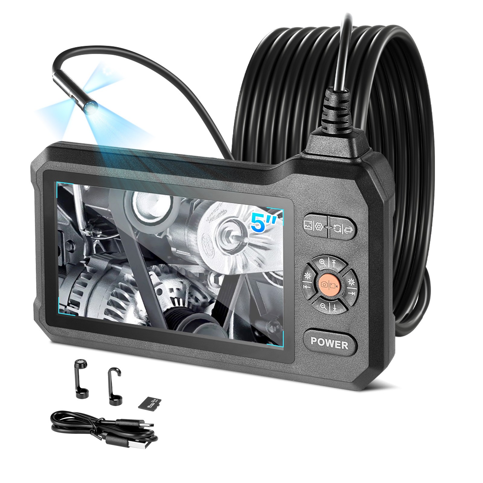 VEVOR Endoscopio de Triple Cámara, Cámara de Inspección con Pantalla IPS, Sonda de 8 mm, Cable de 5 m, 32 GB, Batería 3000 mAh, Luces LED, Zoom 8X para Motores, HVAC, Tuberías, Automoción y Fontanería